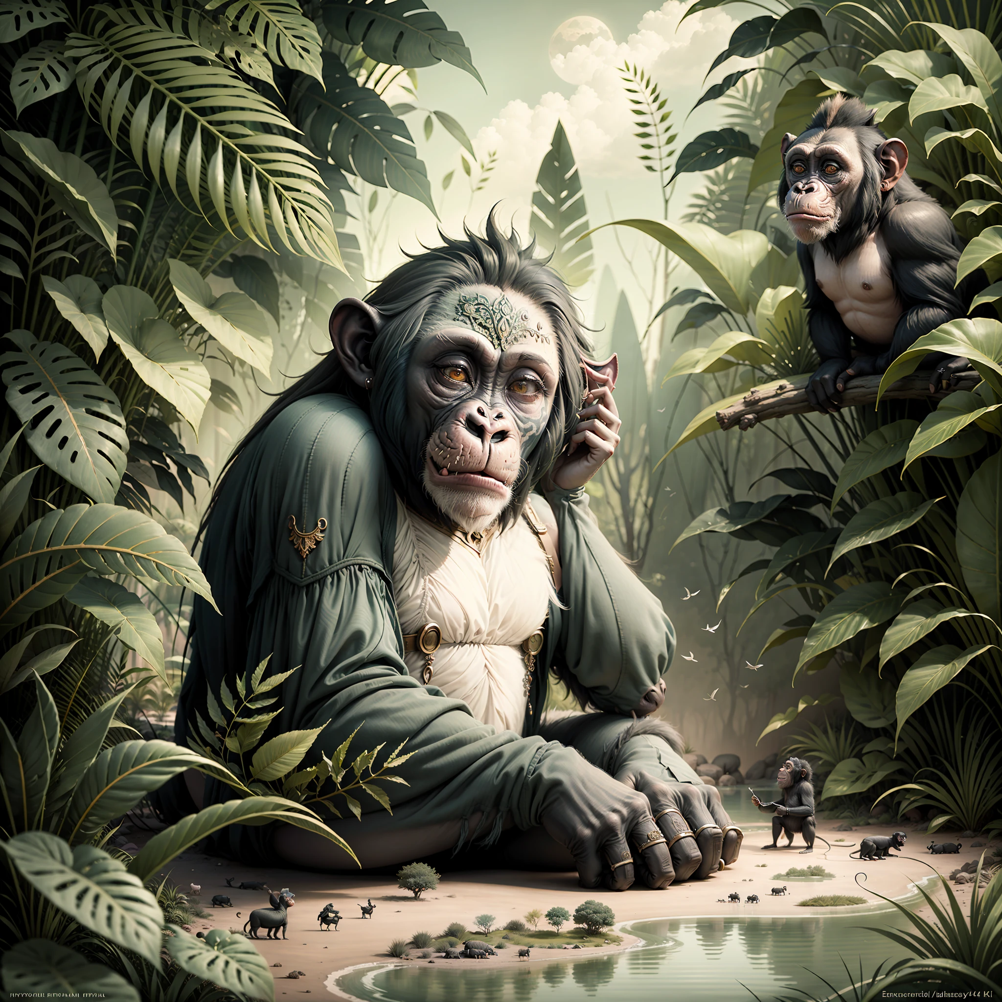 chimpanzee dreaming of several huge exotic animals in a fantasy world, enchanted world in the paradise of Eden. Super realistic illustration, hyperealism, intricate details, 4k