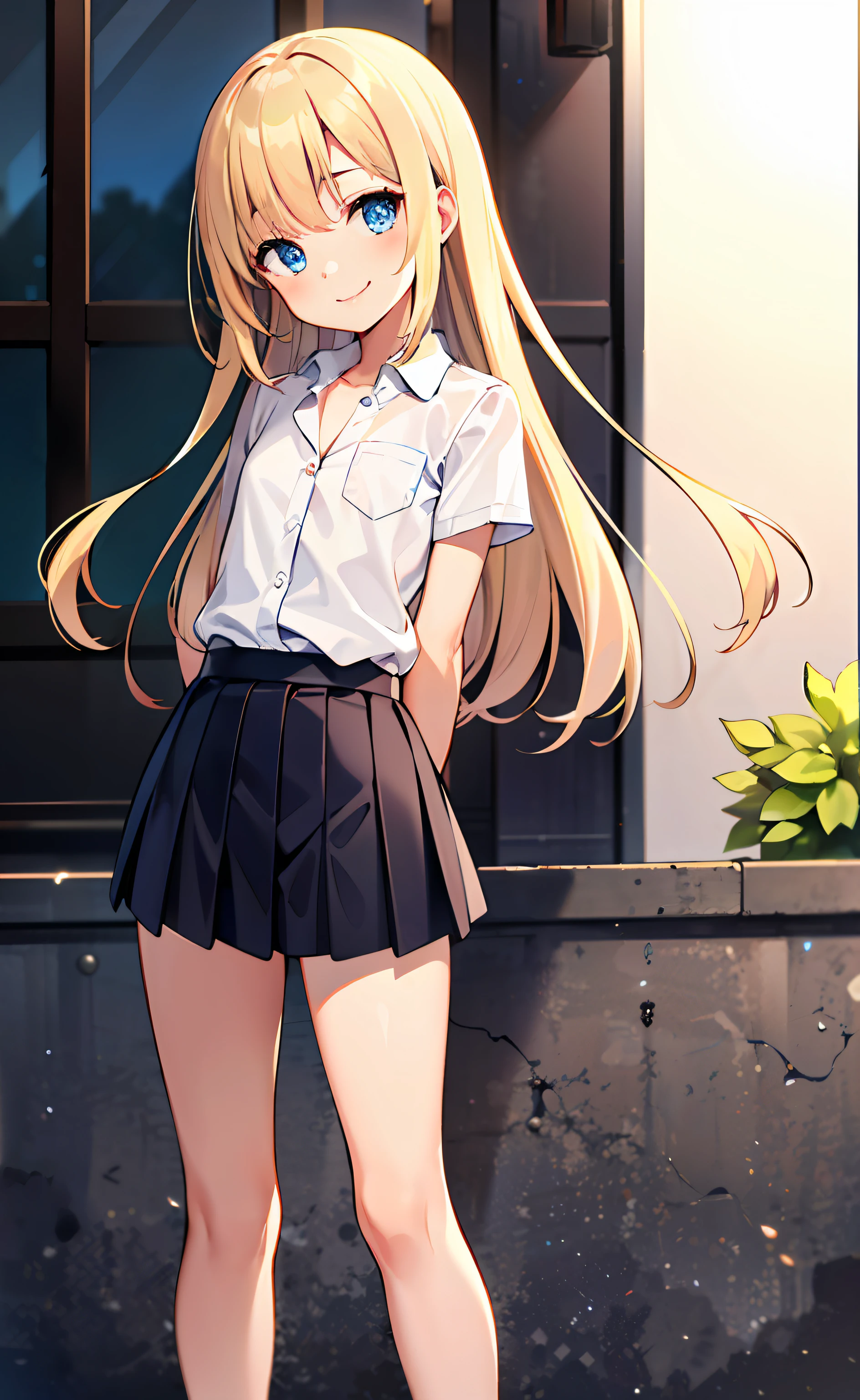 masterpiece, best quality, 1girl, young girl,standing, looking up at viewer, smile, long hair, blonde hair, blue eyes, black skirt, pleated skirt,short sleeves, white shirt,bare legs, slim body,((flat chest)), ((arms behind back:1.3)), cute, head tilt