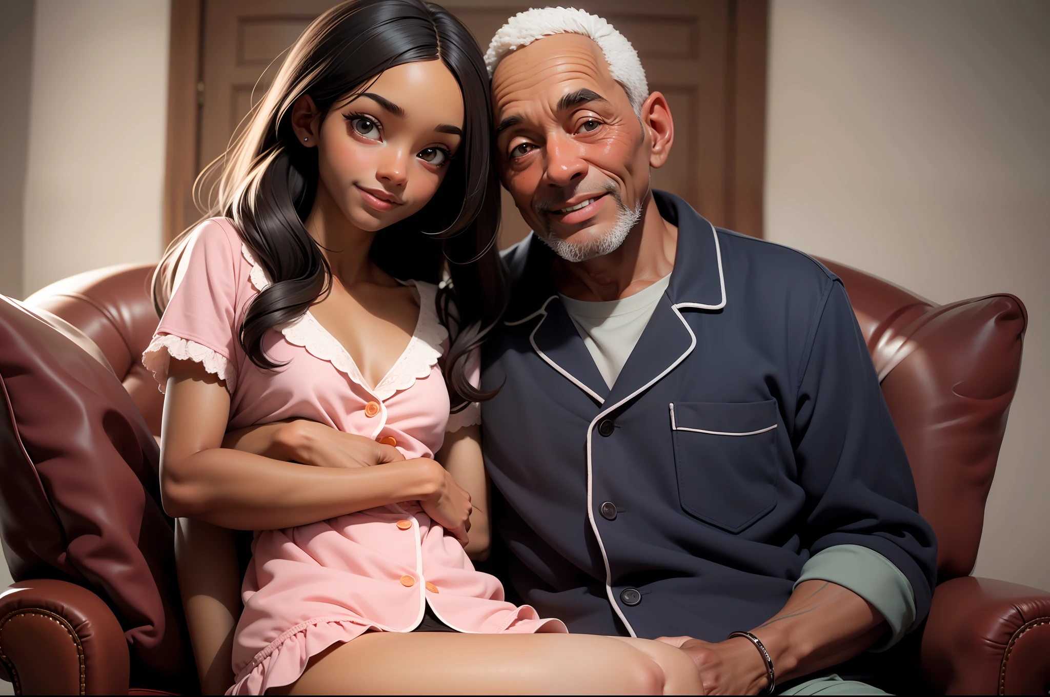 ultra detailed 8k cg,african girl, dark skinned girl, sitting on her father's lap 50 years, armchair, light smile, sexy, vulgar, pet pajamas, , side-tie_panties, small breasts small breasts 18 years long hair, realistic body, small girl, thin, skinny, 3d, paints over lips, round skirt, sitting on the lap of father 50 years , Hugging Father by the Neck