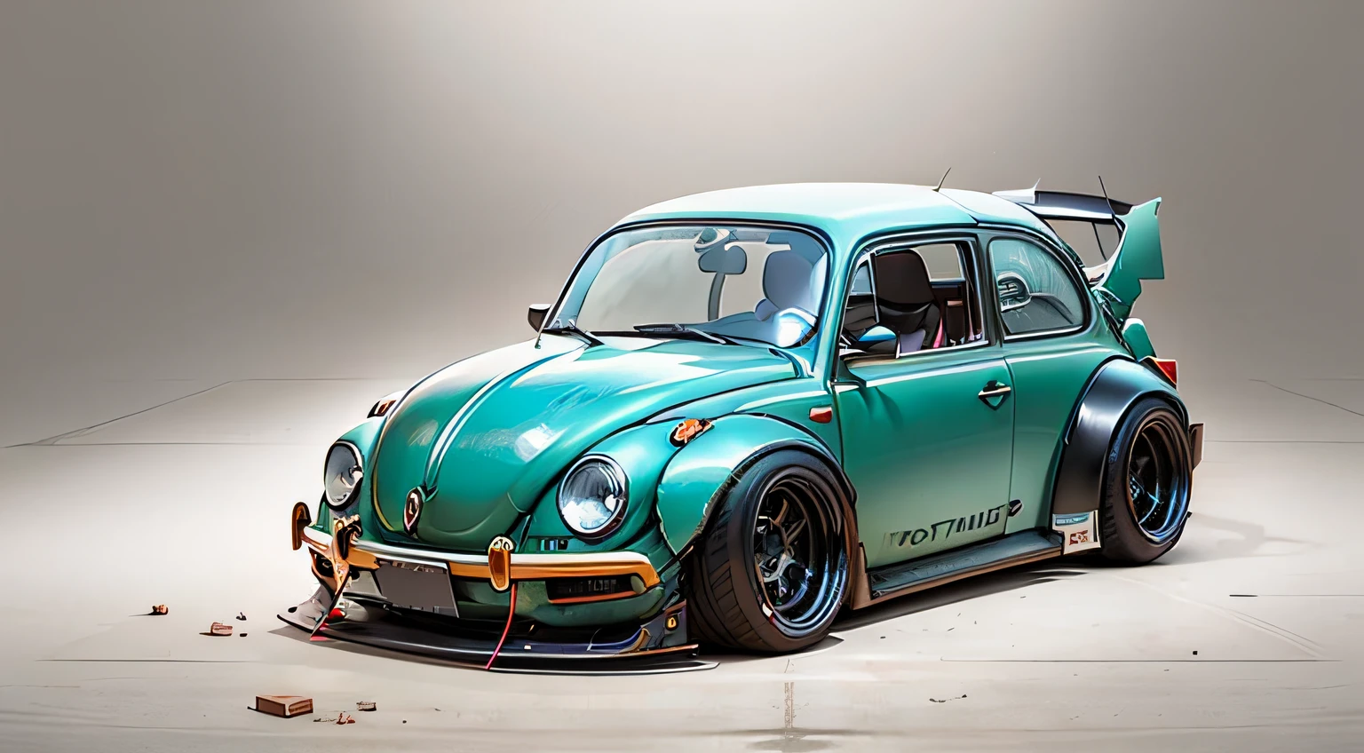 a meticulously detailed photorealistic concept art of a custom hot rod VW Beetle with highly glossy paint and wide arch body kit and custom wheels  showcased on a glossy white surface with a contrasting black background.