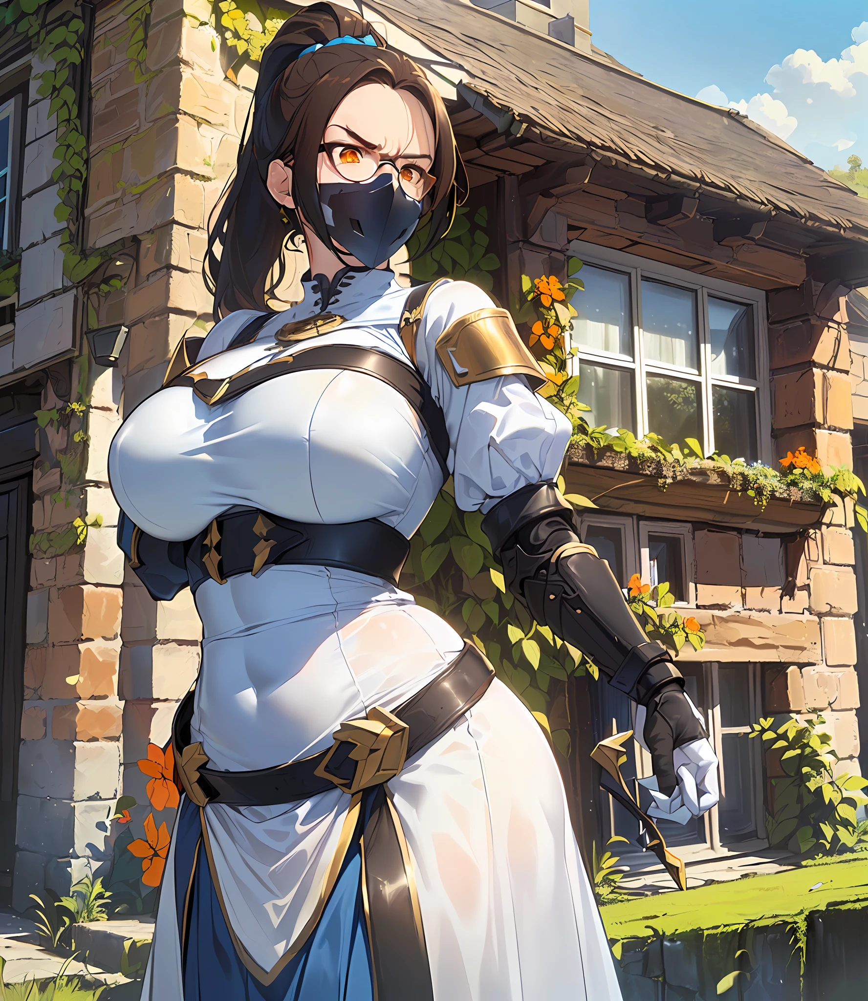 ((Huge tits)),big ass,((wide hips)),((white skin)),(((long brown hair with ponytail)),((orange eyes)),((glasses)),((thicc milf)),(((white peasant dress))),(((long blue skirt))),(((serious face)),((whole body)),(((black jaw protector))),(((in a country house))