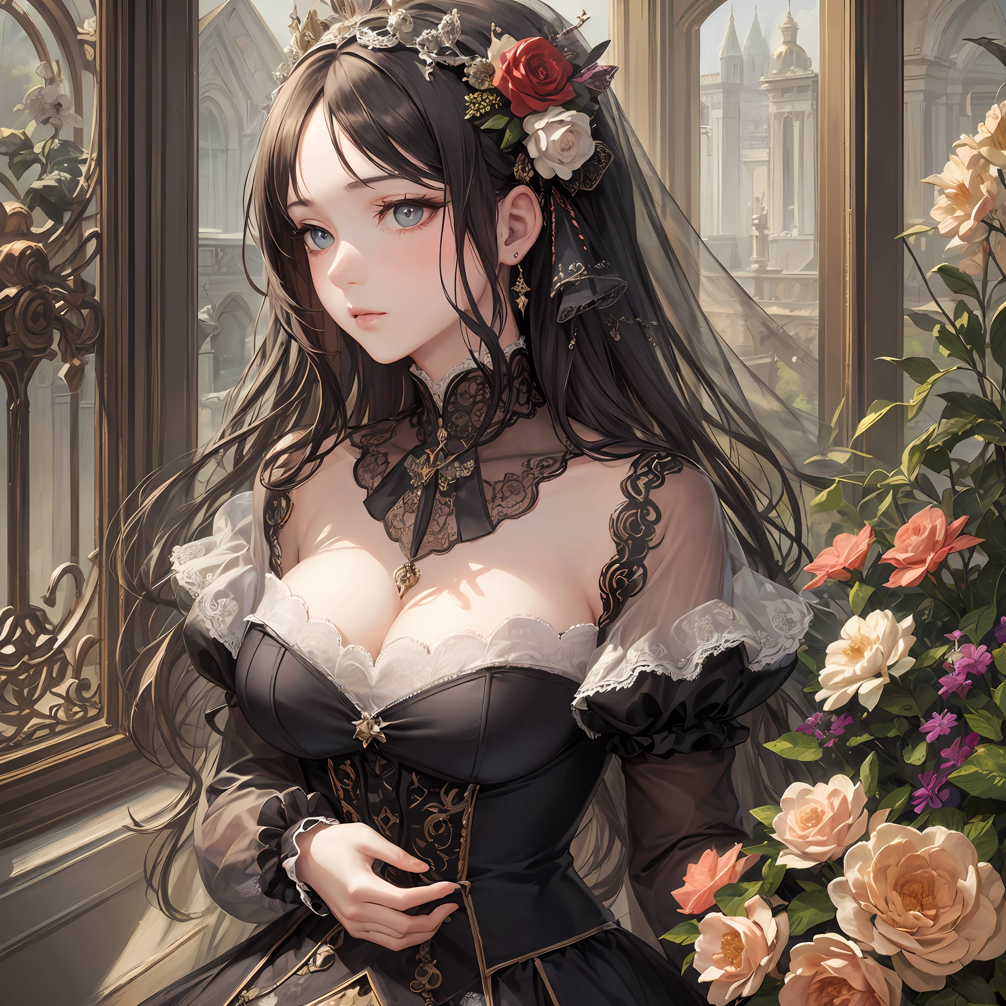 (Pure Color: 0.9), (Color: 1.1), (Masterpiece: 1,2), Best Quality, Masterpiece, High Resolution, Original, Highly Detailed Wallpaper, Beauty, Beauty, Victorian, Dress, Melancholy, Big Breasts, --auto --s2