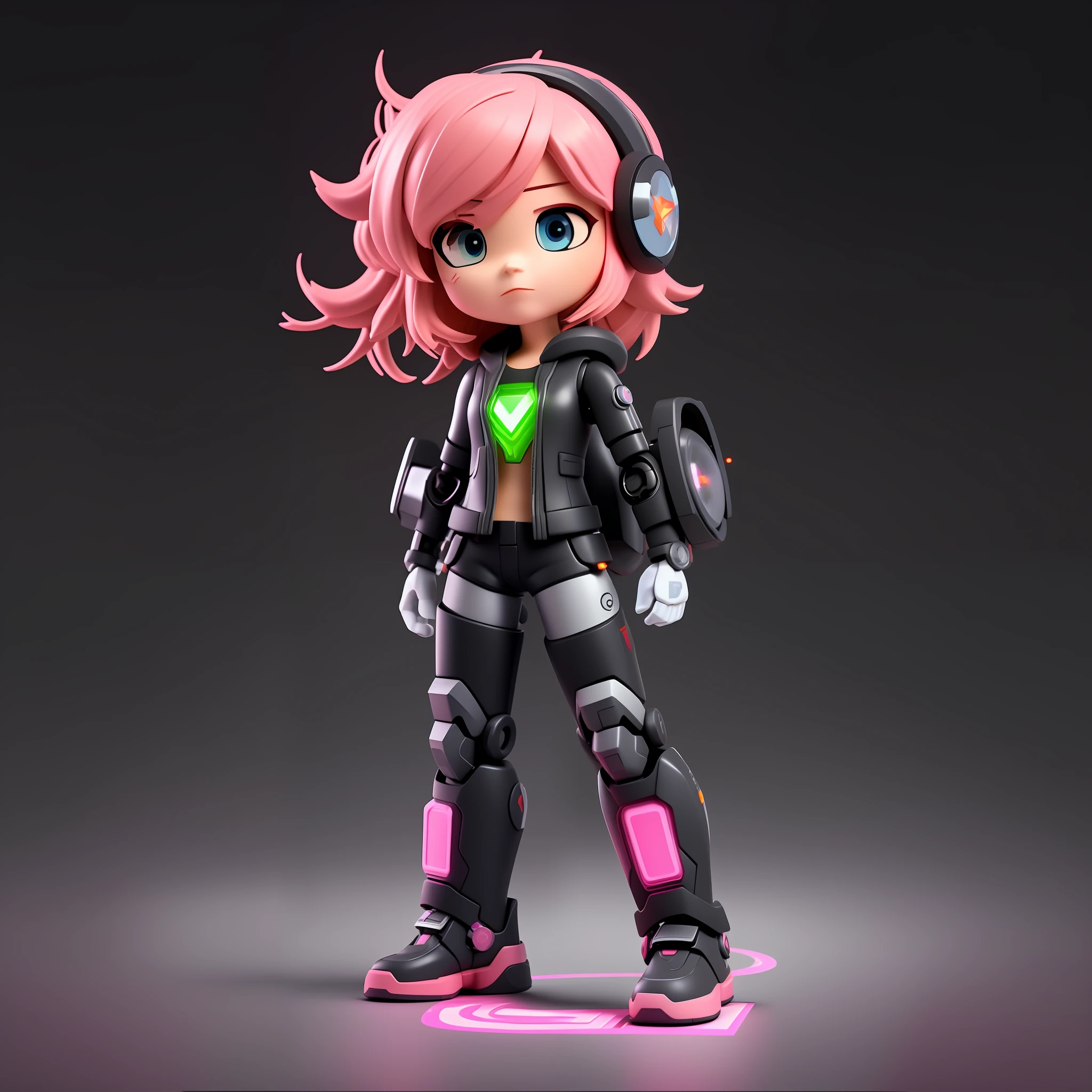 mechanical cyborg, chibi girl, resin mockuP, complex details, looking at the viewer, bored pose, full body, black background, super fashionable, with pink hair, bored face, robotic arms, holding black mecha weapons, wearing black bulletproof jacket, and black red nike functional shoes, light neon lines in shorts and jacket shoes, fine gloss, clay material, popmart style, cyberpunk, ip by popmart, mockup blind box, studio light, front view, 3d rendering, c4d, octane render, blender, hyper quality, ultra hd, ultra high detail, 8k,