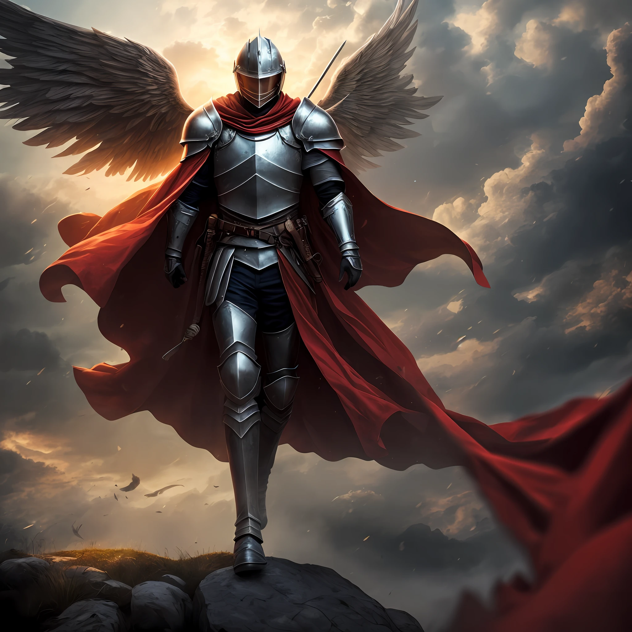 1boy, cowboy shot of paladin knight in heavy black armor, helmet, aura, angelic wings, windblown red cape, athletic, medieval town outdoors, volumetric lighting, best quality, masterpiece, --auto