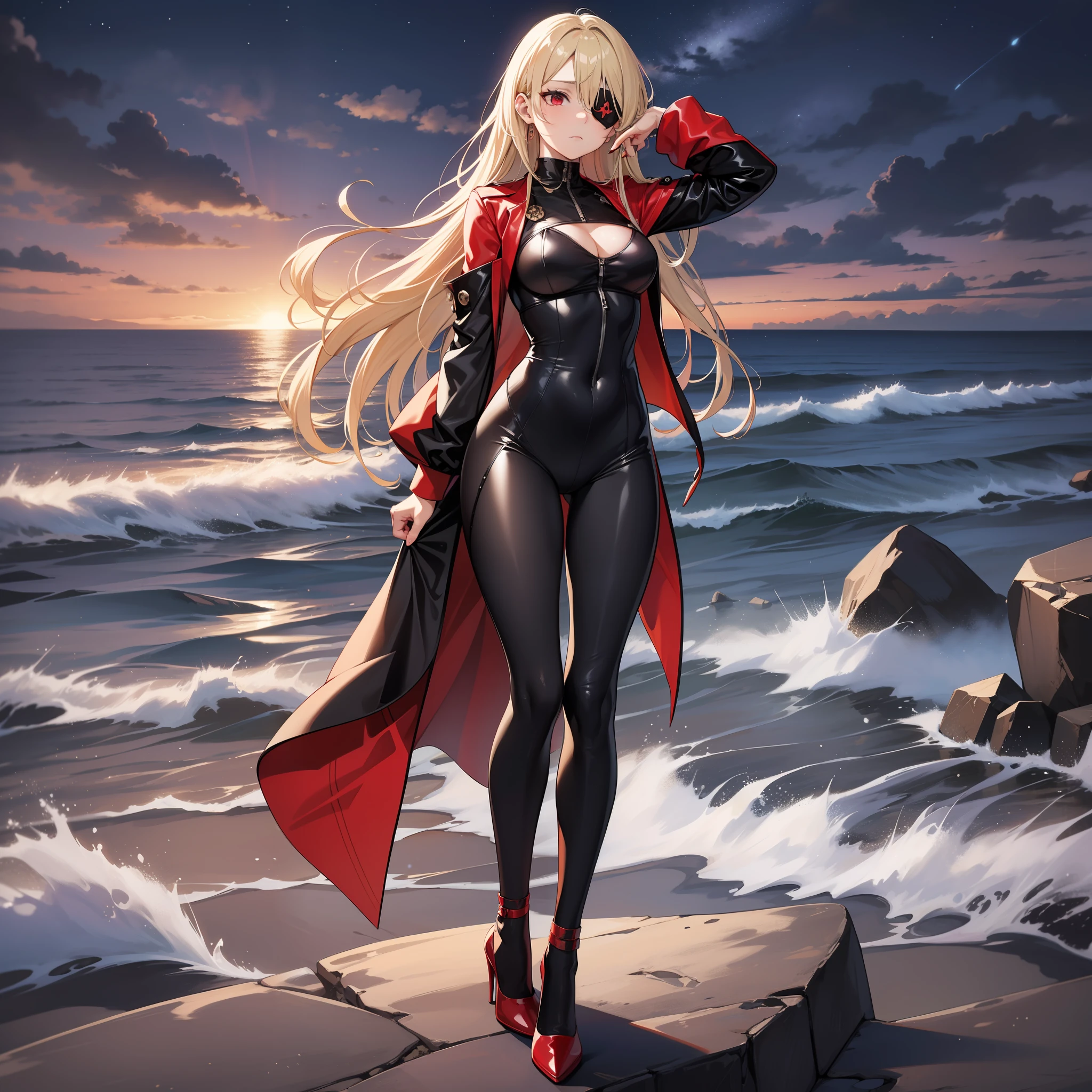 Age 30 years woman, Long blonde hair with pin doll, Wearing left eye patch, wearing a black red white bodysuit, high heels, red eyes, Standing on the rocks facing a small town with 1 tallest tower, sad, best quality, masterpiece, HD, Full Body, beautiful face, Night sky