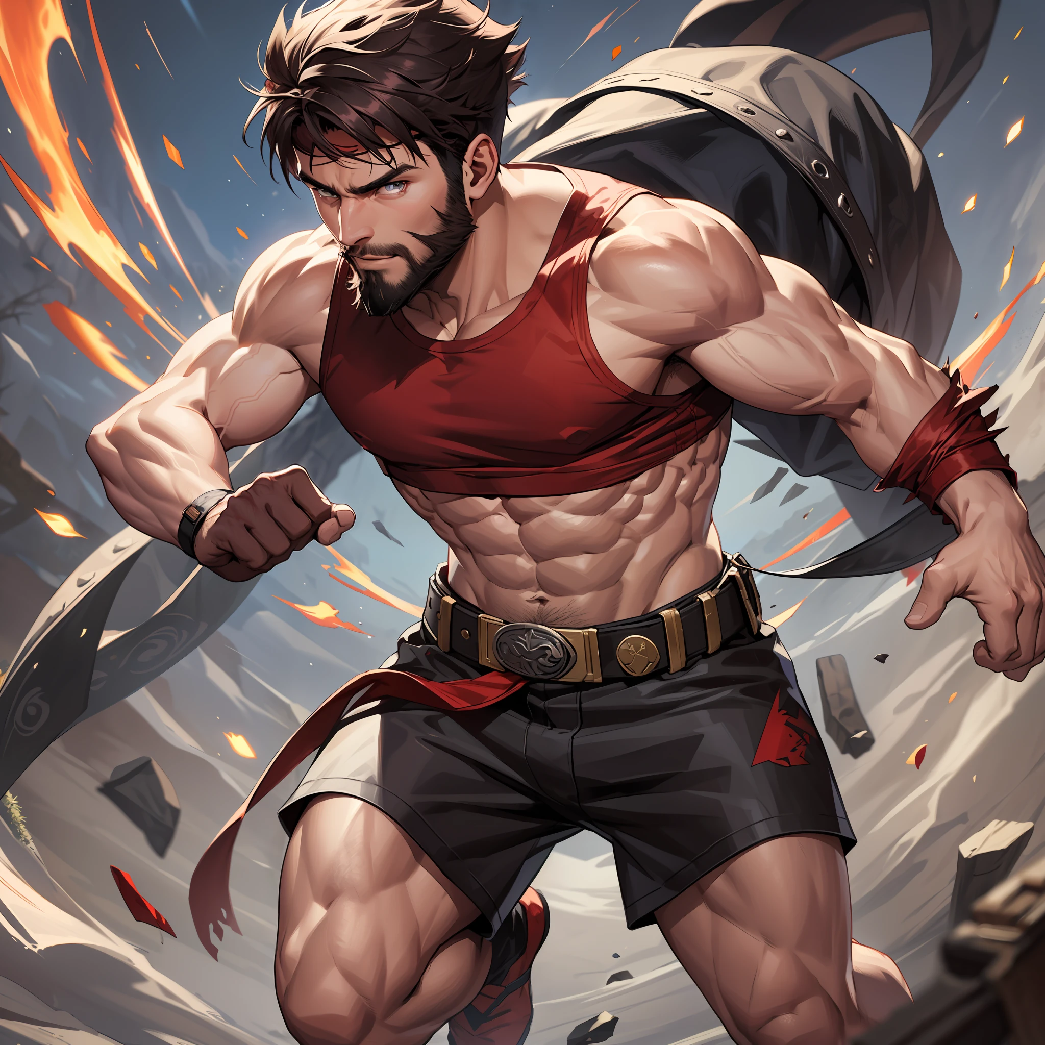 1boy, a man with a sword and a red cloak on his shoulders, abs, cloak, cowboy shot, flaccid, foreskin, large pectorals, looking at viewer, male focus, male pubic hair, muscular male, muscular, naked cloak, navel,,, pectorals,, pubic hair, red cloak, short hair, smile, solo, stomach, sword, testicles, thick thighs, thighs, fairytale prince, holding sword, 8k, ultrahd, dslr photo, ornate sword, highres, cinematic, hand through hair, brambles, thorny bushes, thorns, a man with a hand through his hair, depth of view, gloomy wood,