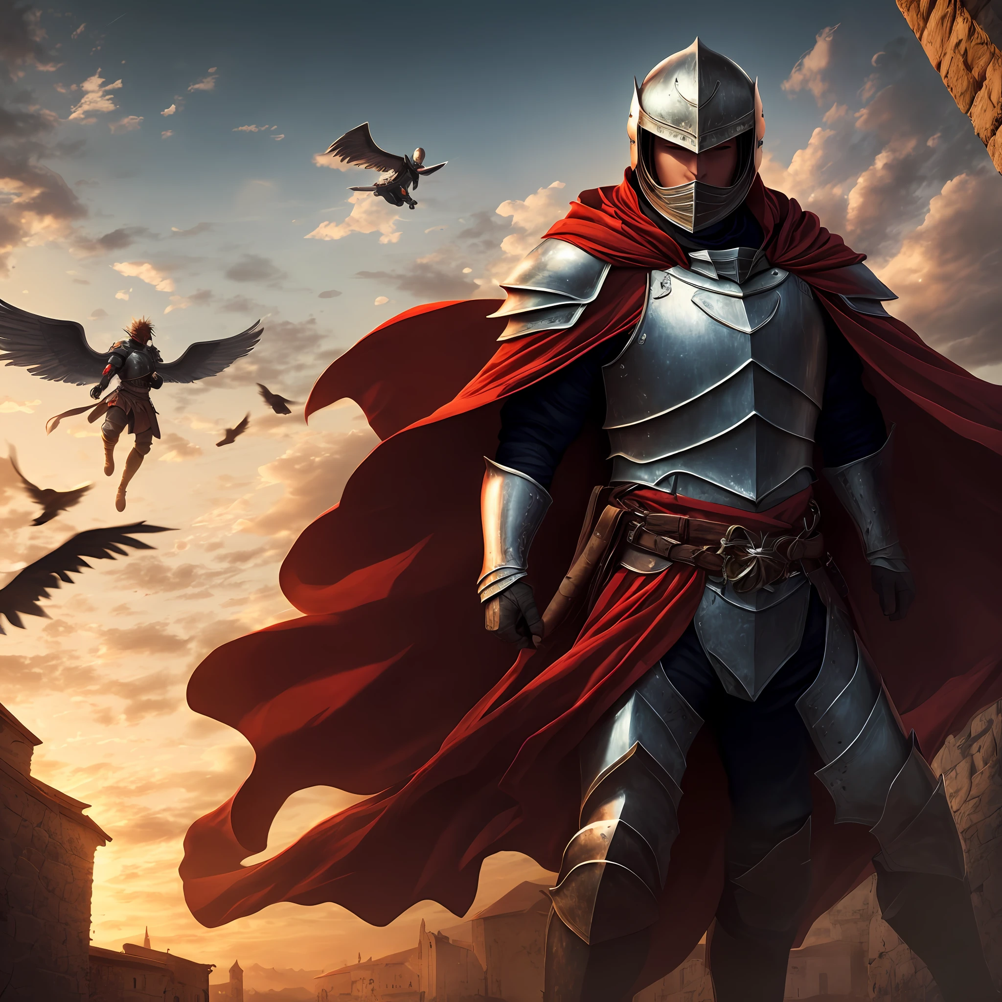 1boy, cowboy shot of paladin knight in heavy black armor, helmet, aura, angelic wings, windblown red cape, athletic, medieval town outdoors, volumetric lighting, best quality, masterpiece, --auto