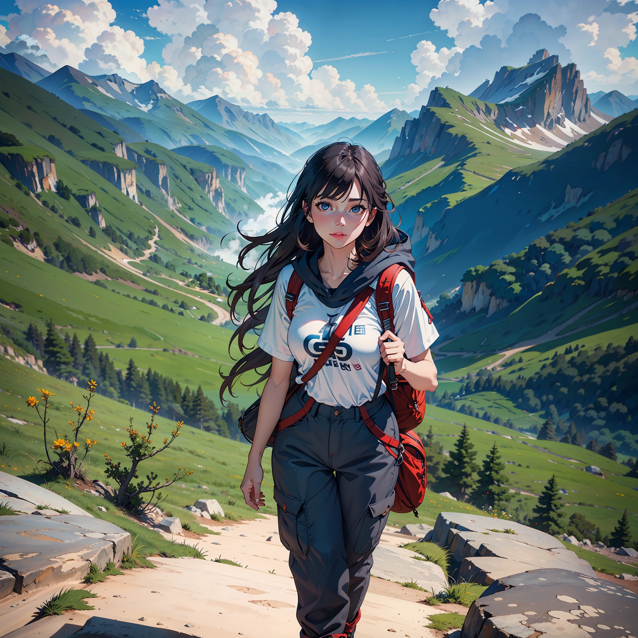 (masterpiece, top quality, 8K wallpaper, high resolution, ultra-realistic), 1girl, solo, full body composition from afar, slender figure: 1.1, (beautiful face like a doll: 1.5), beautiful face, beautiful eyes, detailed face, detailed eyes, detailed nose, detailed mouth, (long hair in the wind: 1.5), (bangs: 1.5), black eyes, mountain girl style, backpacker, mountaineer, mountain view from the top of the mountain, Walking on a mountain trail, (self-portrait: 1.5) T-shirt, long pants, climbing, wearing trekking boots, natural landscape photos; mountain climbing; spectacular summer mountain scenery with rugged mountain ranges in the distance, with a wonderful contrast of blue sky and white clouds. Camera = "Sony a7 IV";Lens="Tamron 28-200mm f/2.8-5.6 Di III RXD";" Aperture = f/6.3";" Shutter speed = 1/1600 sec";" ISO=100";