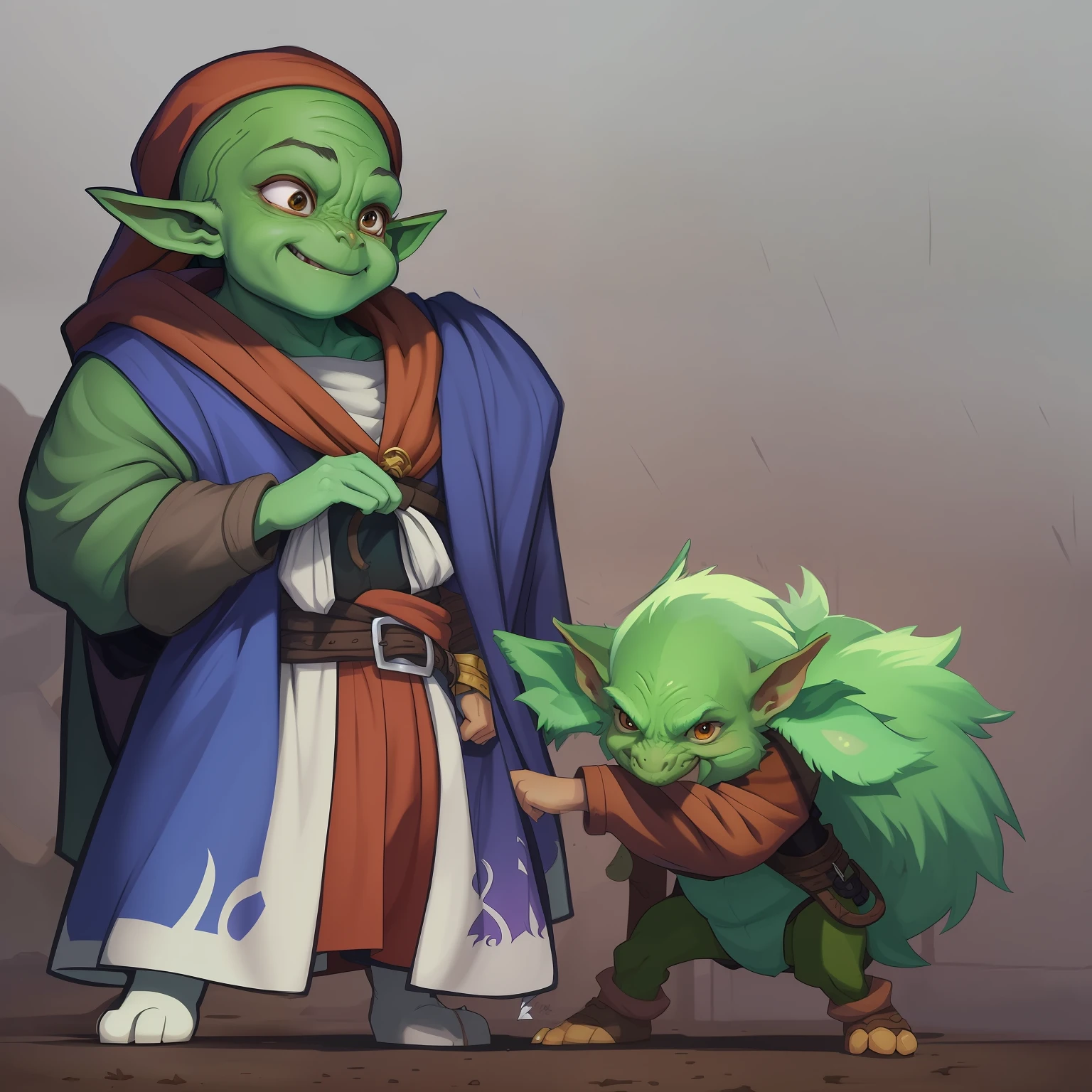 there is a cartoon of a man and a green creature, d&d goblin rogue, goblin art, medium portrait of a goblin, goblin, gnome druid, portrait of a goblin, drak fantasy goblin, a goblin pirate, jazza and rossdraws, goblins, goblin girl dnd character, high quality dnd illustration, full color illustration