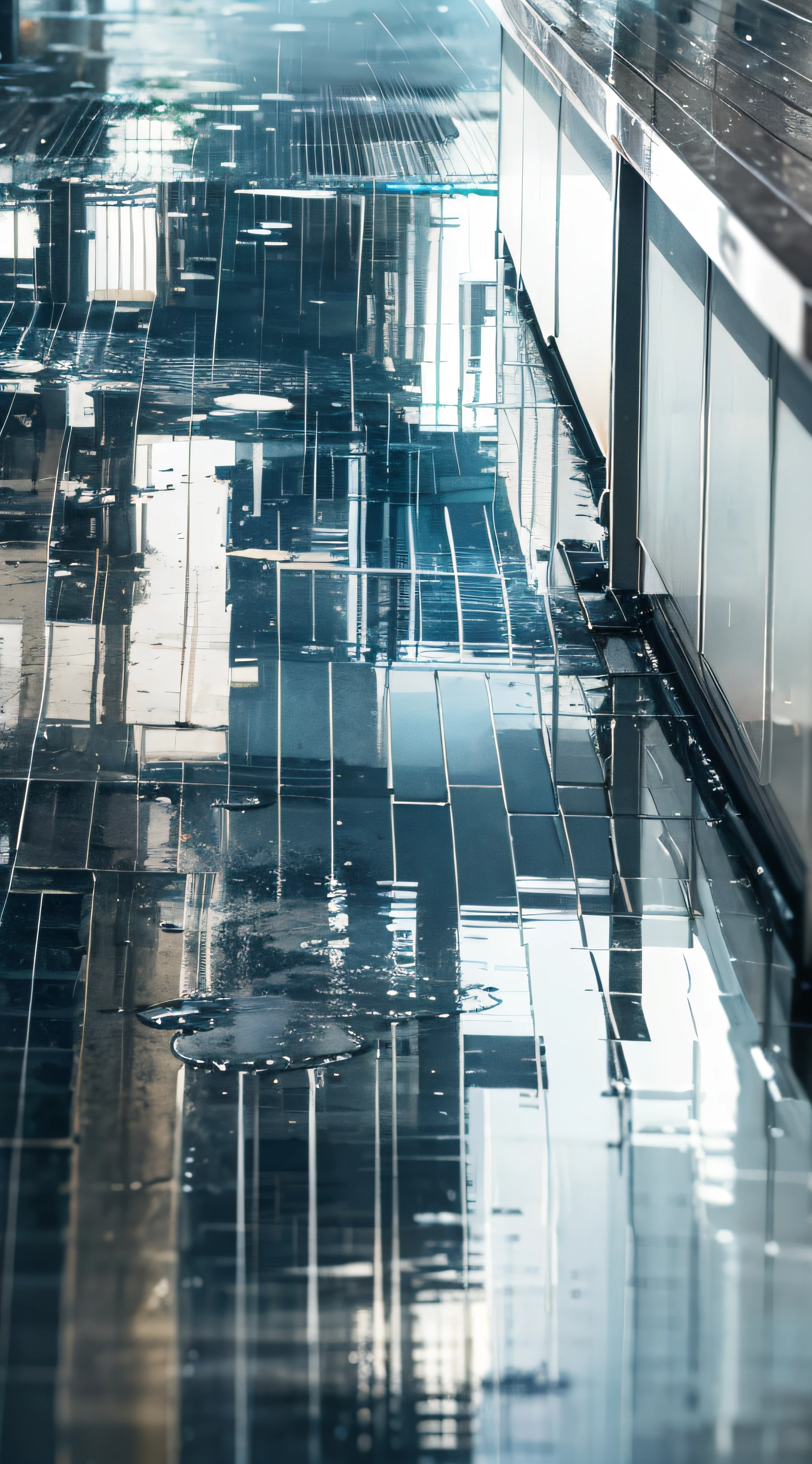 Look up through glass, in the rain, wet reflection, looking up perspective, looking up, looking up, rain reflection in glass species, reflection on wet streets, raindrops, windows (rain), wet rselection, water drops, wet puddle reflection, raindrops, glass rain, rain. Ultra detailed, rain window, rain background, wet surface