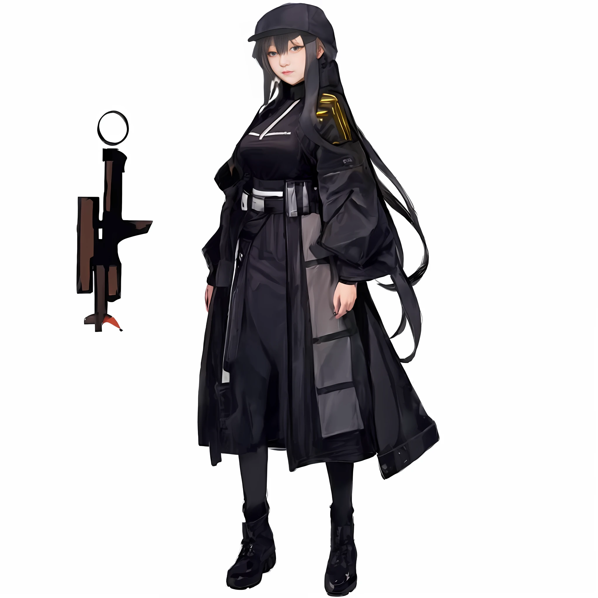 a woman in a black coat and a gun standing next to a white background, girls frontline style, official character art, from girls frontline, kantai collection style, ( ( character concept art ) ), female anime character, best anime character design, katana zero video game character, full body character design, girls frontline universe, inspired by Kōno Michisei