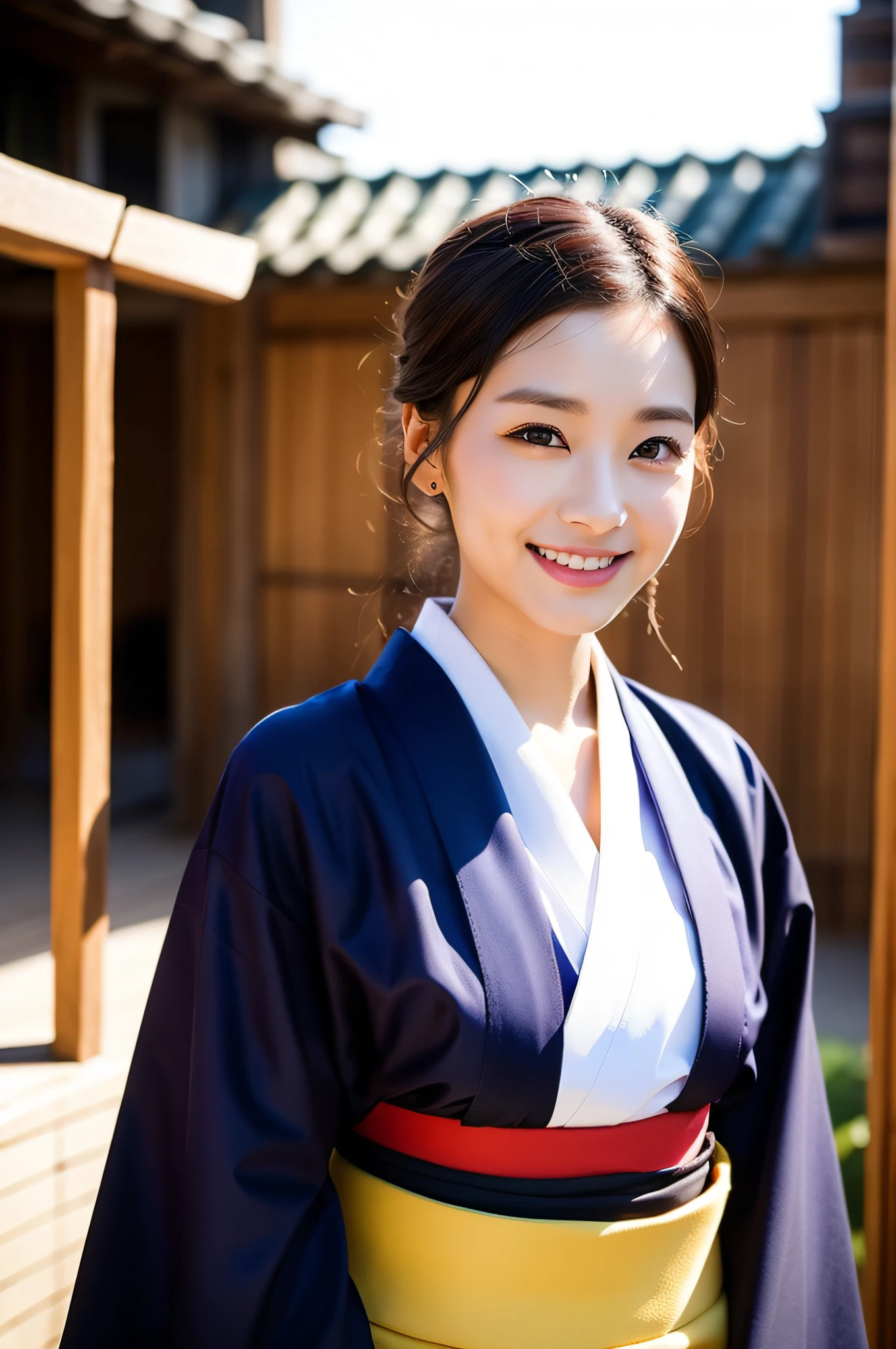 ((Top Quality, 8K, Masterpiece: 1.3)), Sharp Focus: 1.2, (Super Beautiful Face: 1.0), (Slender Abs Beauty: 1.0), (Shiny Skin: 1.0), Realistic Photography, Black Hair, Realistic Pupils, Video Lighting, High Definition Eyes and Face, Video Lighting, (Cowboy Shot: 1.3), (Kimono, Hakama, Obi: 1.4), (Korean Cute Actress), Traditional Kimono, Happy, Watch the audience, From the front, big