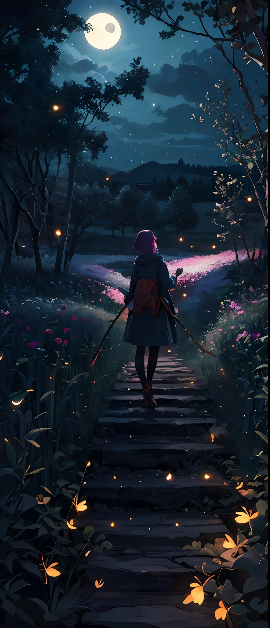 Vast landscape photo, (viewed from below, the sky is above and the open field is below), a girl standing on a flower field looking up, (full moon: 1.2), (meteor: 0.9), (nebula: 1.3), distant mountains , Trees BREAK Crafting Art, (Warm Light: 1.2), (Fireflies: 1.2), Lights, Lots of Purple and Orange, Intricate Details, Volumetric Lighting, Realism BREAK (Masterpiece: 1.2), (Best Quality), 4k, Ultra-Detailed, (Dynamic Composition: 1.4), Very Detailed, Colorful Details, (Rainbow Colors: 1.2), (Glow Lighting, Atmospheric Lighting), Dreamy, Magical, (Solo: 1.2)