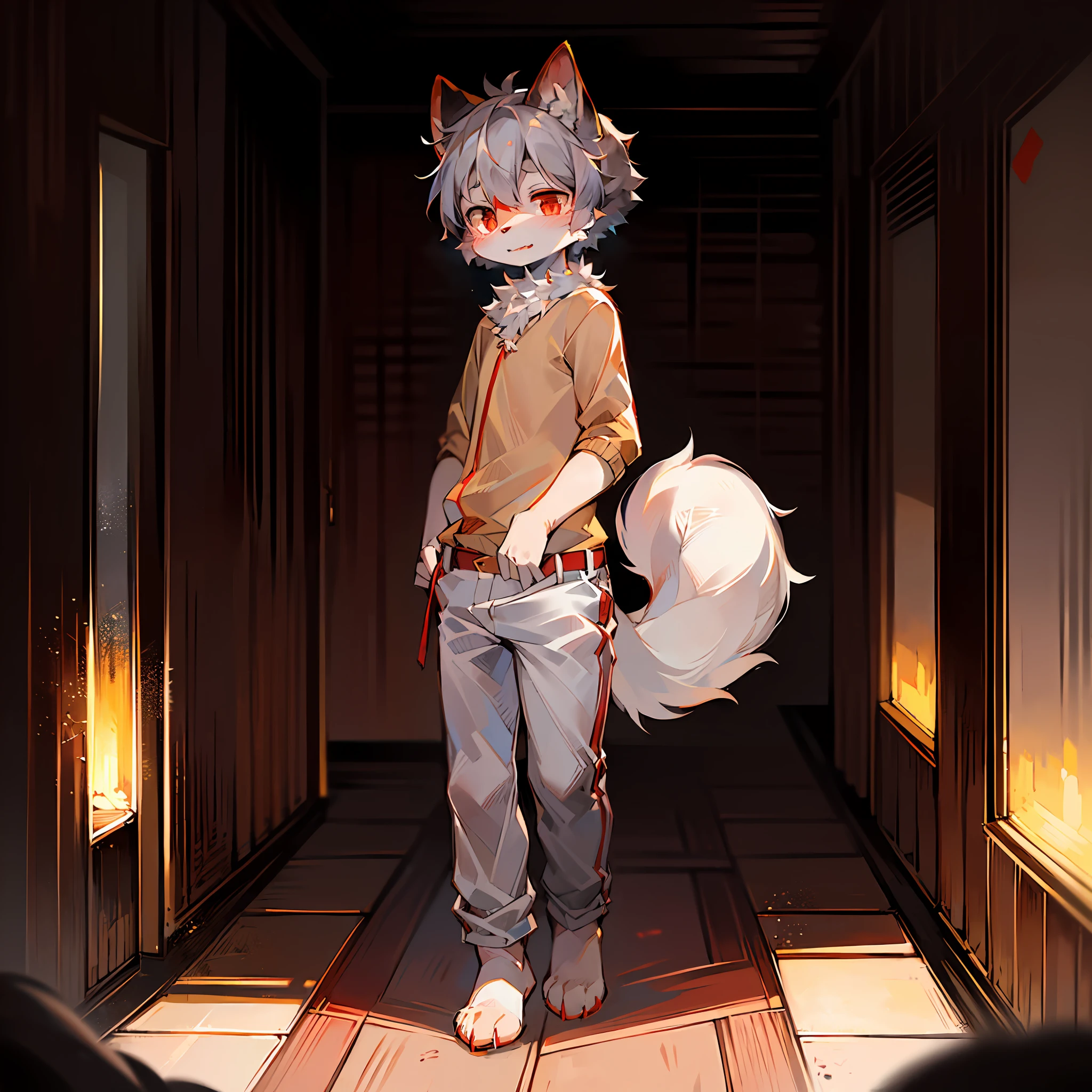 (Bright Environment: 0.8), Masterpiece, High Quality, Abstract )res,Digital Painting\(artwork\), by Dagasi, Yupa, Kiyosan, (Anthro, Fluffy Fur, Character Focus: 1.1), Anthro Male Cat, Short Hair, portrait , bright eyes, panorama, character focus. (detailed background: 0.7), solo, furry, furry male, male focus, anthr, (full body fur, fluffy tail, dark gray fur, red eyes, gray hair, a gray tail: 1.2), (long canine, wolf), (wears a pair of white pants, NSFW) (tall) (standing, expression hubris)