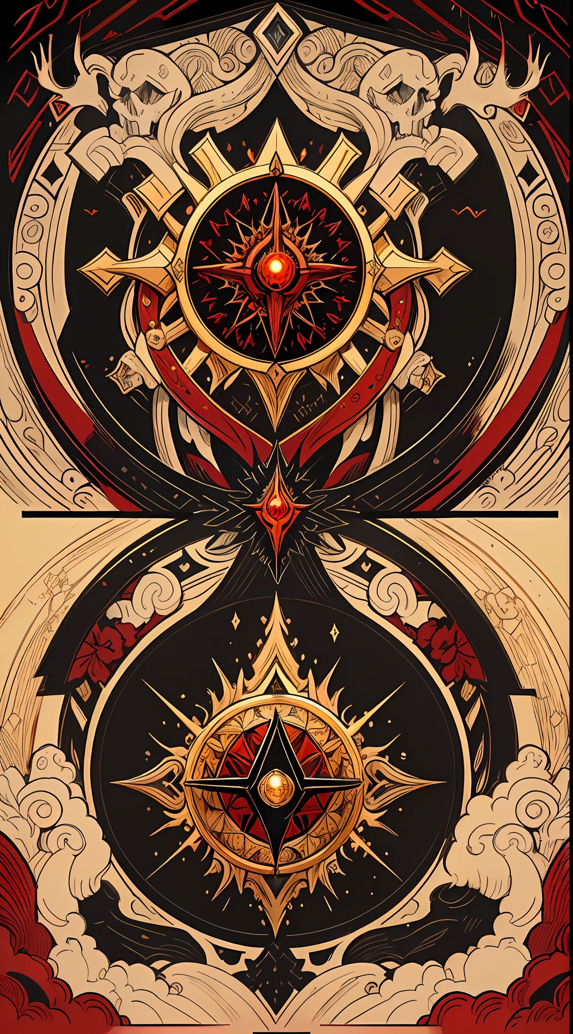 official art, 8k unit wallpaper, ultra detailed, beautiful and aesthetic, high quality, beautiful, masterpiece, best quality (zentangle, mandala, tangle: 0.6), symmetrical, mandala with the symbols of Morgoth, Lord of the ring, Balrog's head, Sauron helmet, (Sauron: 1.0), symbolization "The rings of power", The One Ring, Eye of Sauron centered, fire, lava, volcano ashes, symmetrical, fibonacci. (Supplementary color: black, red, gold), LoTR iconographic