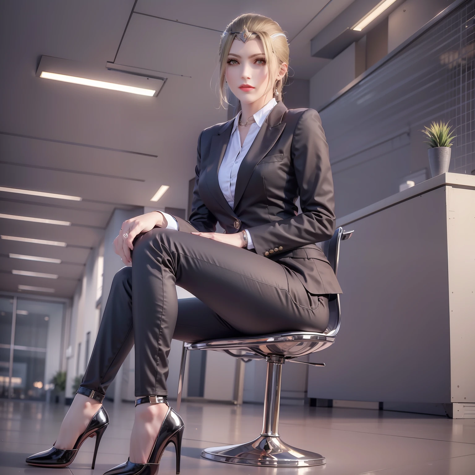 Casual pose, black stockings, shirt, women's suit, OL, black silk, black high heels, workplace high heels, black trousers, short hair, workplace trousers, office, secretary, black suit, women's suit, women's suit, white collar, pocket, black silk