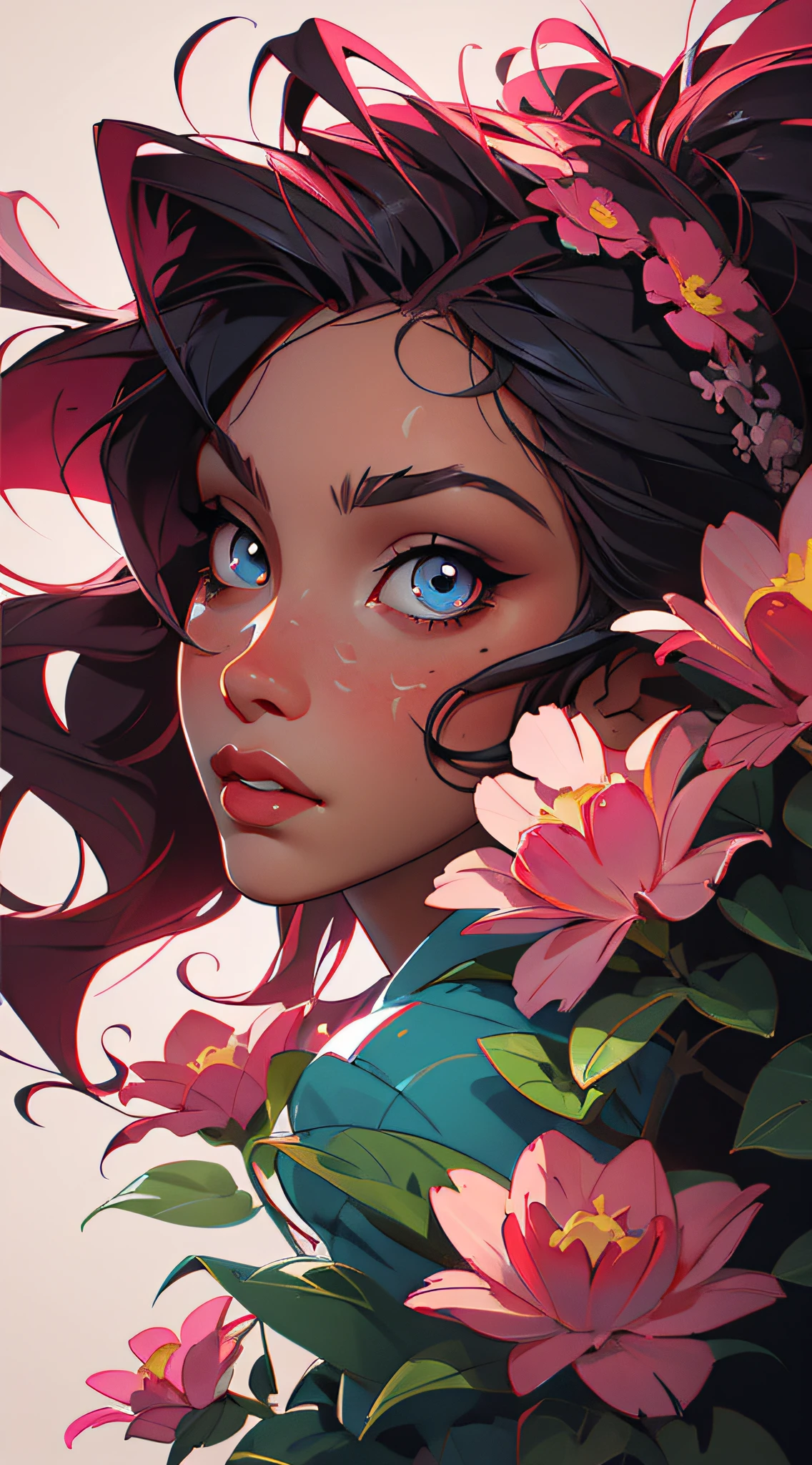 pink flower fox siren with dark detailed pretty sparkly eyes & messy furry hair, completely covered in flowers and plants, unique face, interesting features, resembling Camila Cabello & Eiza González; cinematic, ultra detailed portrait, vintage, detailed, concept art, digital painting, warm, pink, blue, triadic colors, intricate details, sharp focus, trending on Artstation, intricate face; hyper detailed illustration by Ant Lucia; CGSociety, ZBrush Central, mythical art, high resolution, dramatic, high contrast, intense backlighting