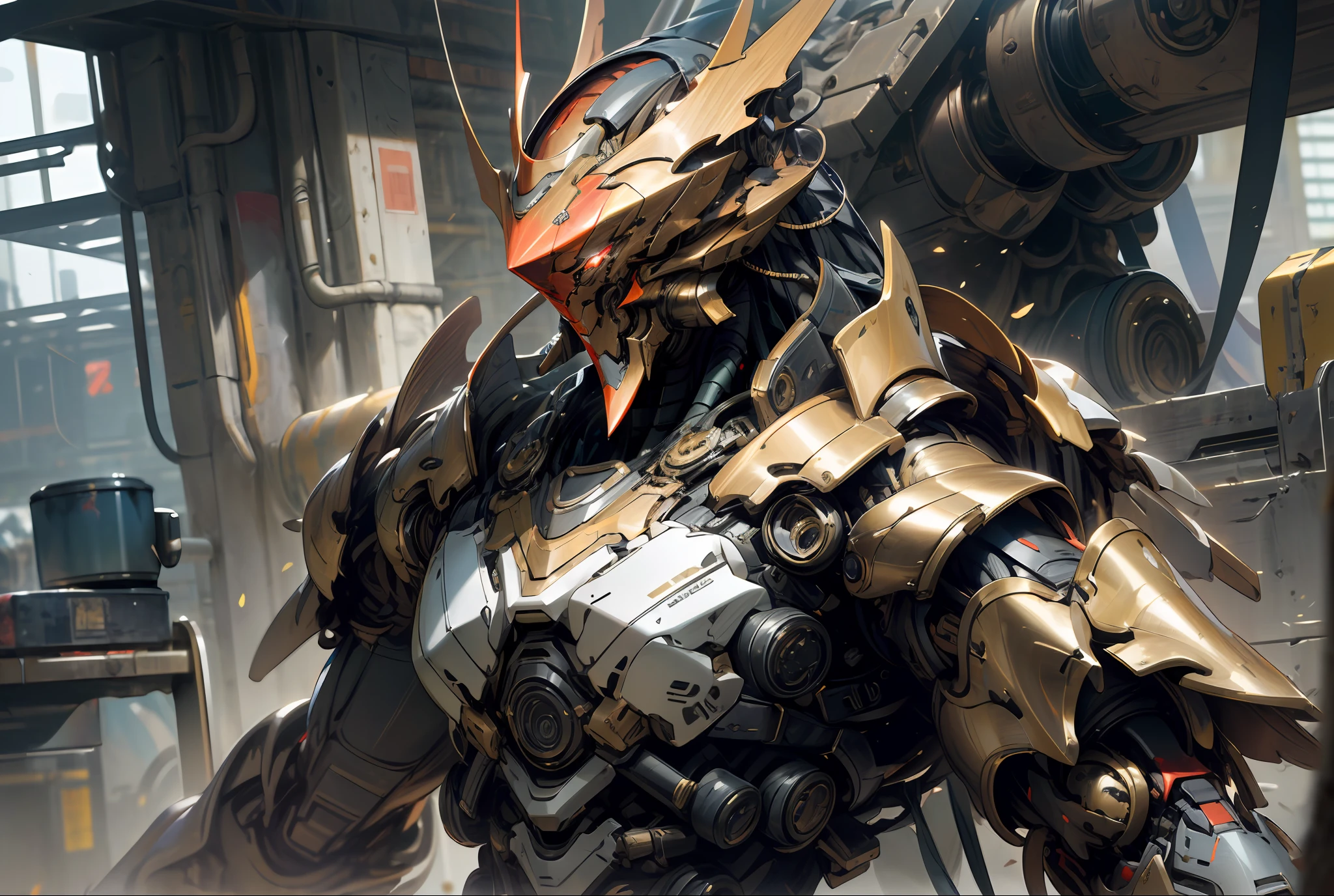 (((Masterpiece))), Ultra HD, (((More details))), close-up of a robot with red eyes and golden body, Armor Warrior Emperor, ((Rich metal elements)), Unreal 6 breathtaking details, villain cyborg movie stills, stylish cyborg armor, covered with full metal armor, Unreal 5 rendering, golden sci-fi armor, menacing,