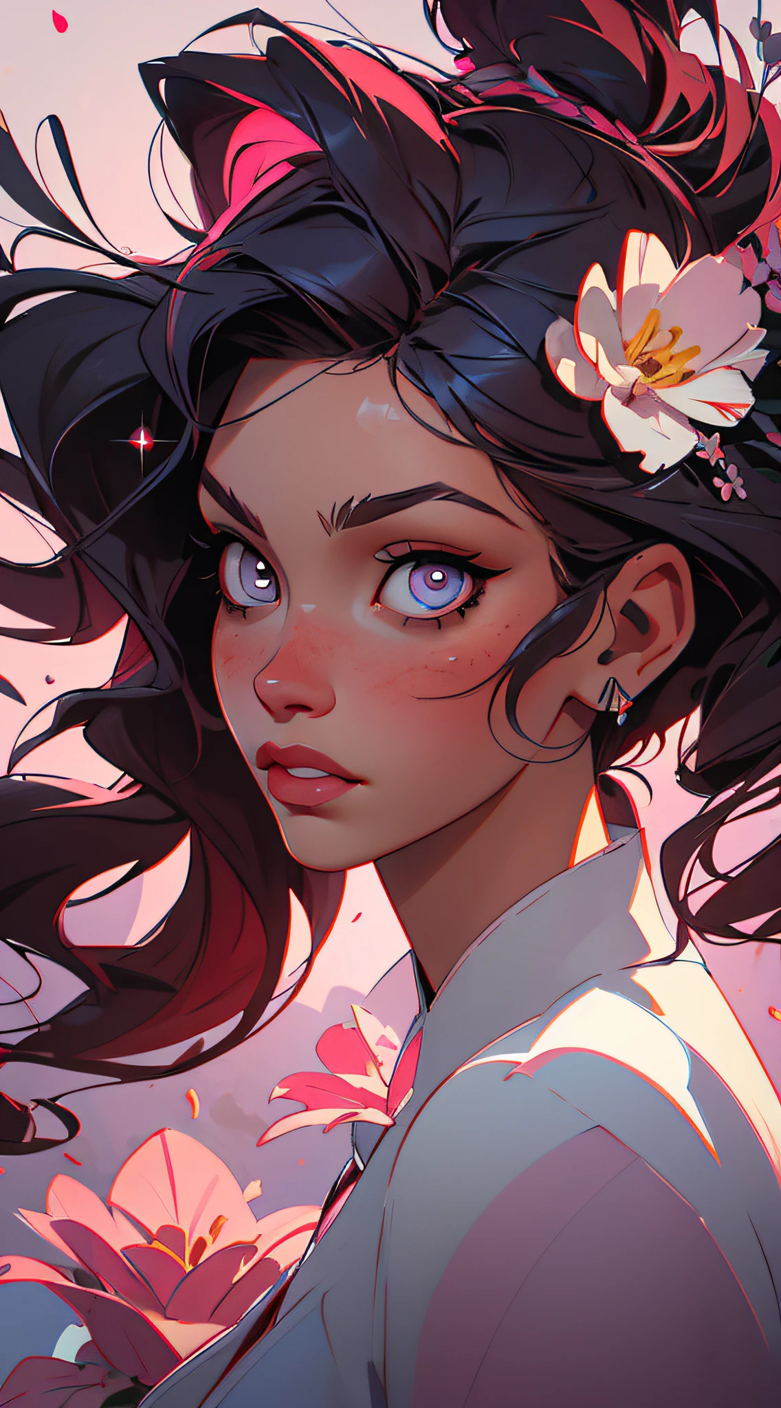pink flower fox siren with dark detailed pretty sparkly eyes & messy furry hair, completely covered in flowers and plants, unique face, interesting features, resembling Camila Cabello & Eiza González; cinematic, ultra detailed portrait, vintage, detailed, concept art, digital painting, warm, pink, blue, triadic colors, intricate details, sharp focus, trending on Artstation, intricate face; hyper detailed illustration by Ant Lucia; CGSociety, ZBrush Central, mythical art, high resolution, dramatic, high contrast, intense backlighting