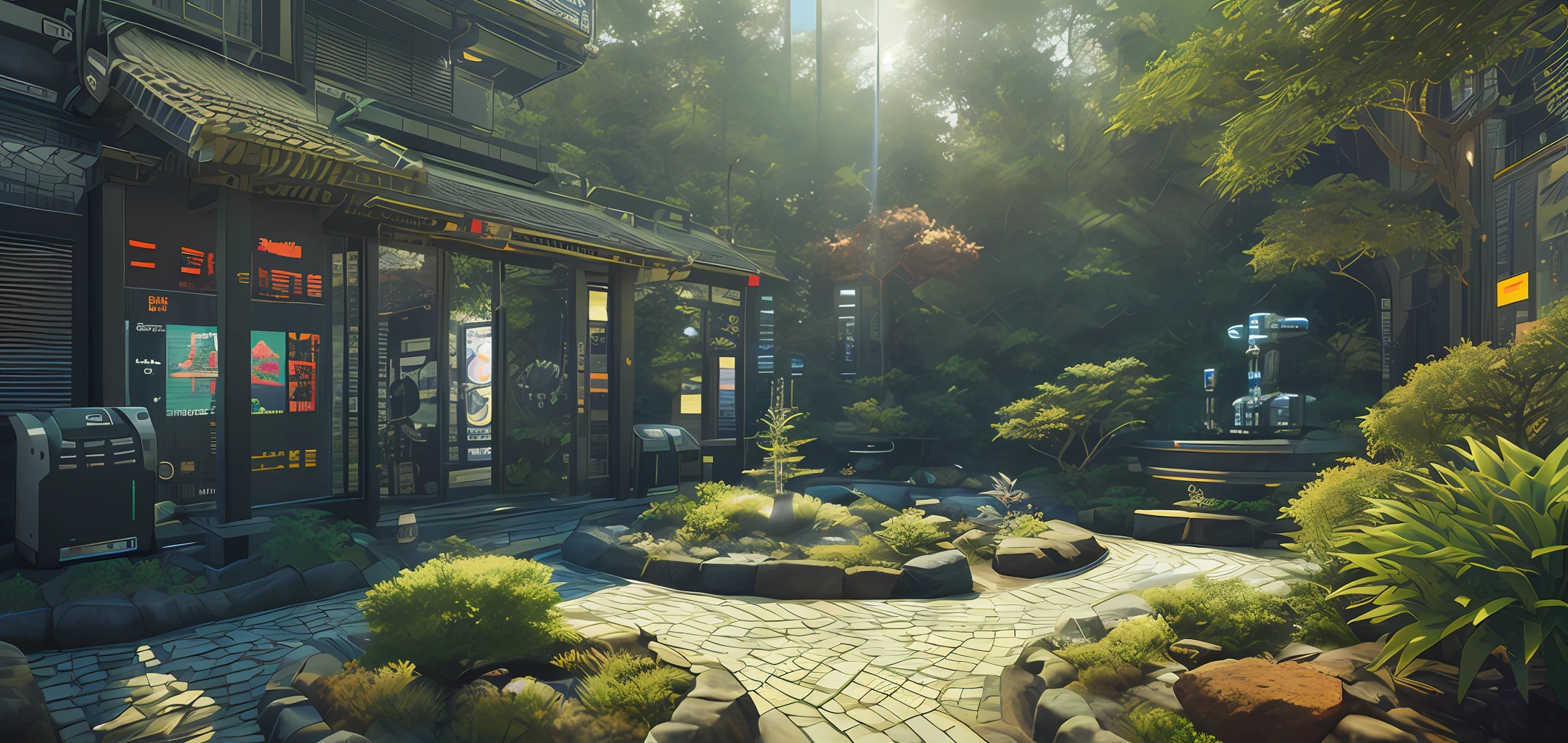In the foreground, there are flowers and trees that have a square shape, contrasting with the organic and rounded shapes that we normally associate with these natural elements.  The sun is also represented as a square, emitting straight and angular rays