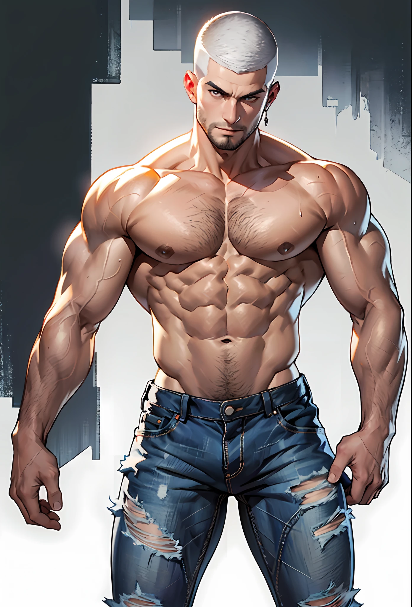 full-length, 1college boy, shirtless, wearing ripped jeans pants, looking at the camera, anime style, with crew cut haircut, holding a heart-shaped crystal, highly detailed, 2d illustration, done in photoshop, vibrant colors, composite lighting, nice and perfect face, stubble, handsome, (white background:1.5), (blank background:1.5), masculine shapes, manly, dynamic pose, dynamic angle, sharp and crisp image
