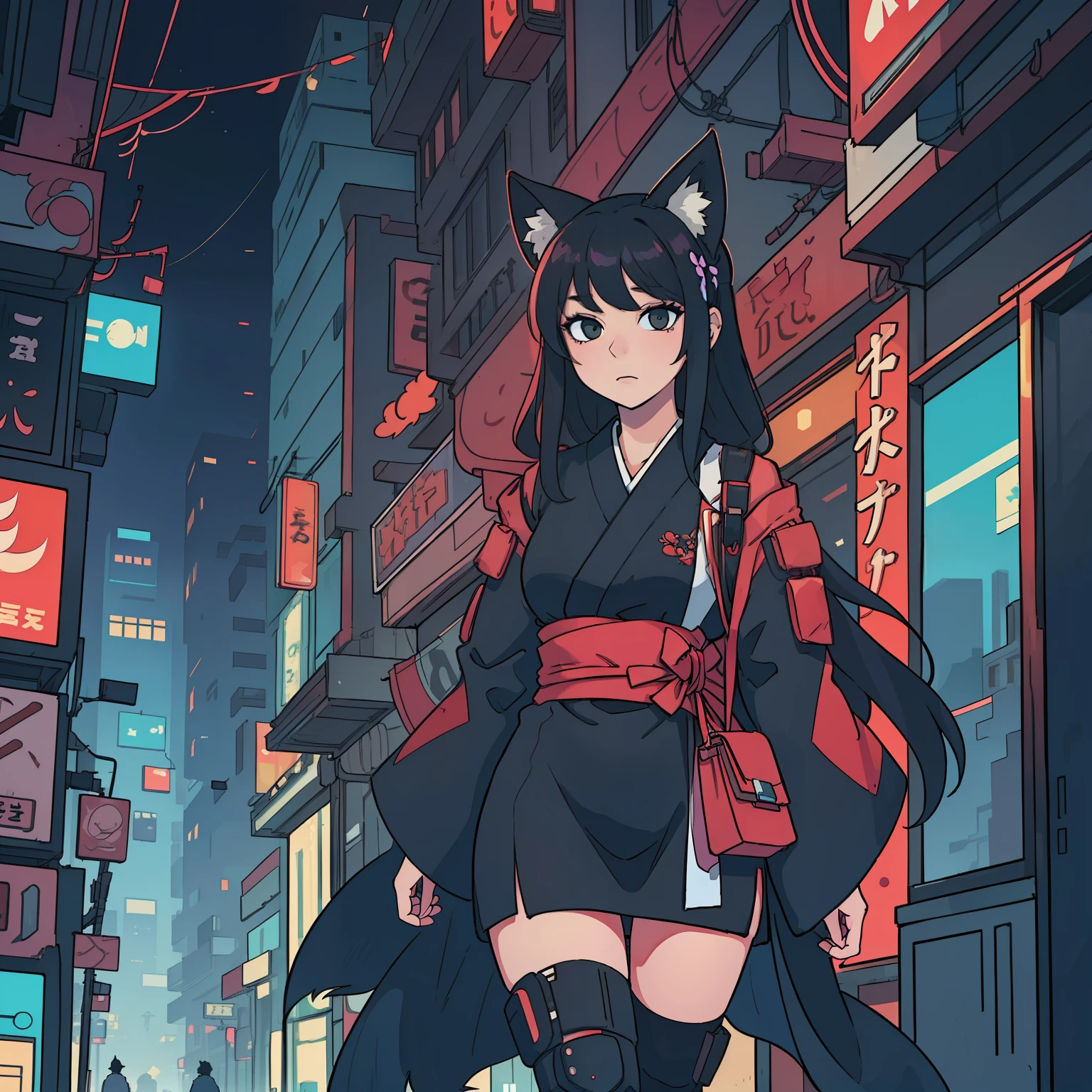 (masterpiece:1.3), (best quality), woman, black fox ears, black hair, cyberpunk kimono dress, cyberpunk city, kitsune, long hair, adult
