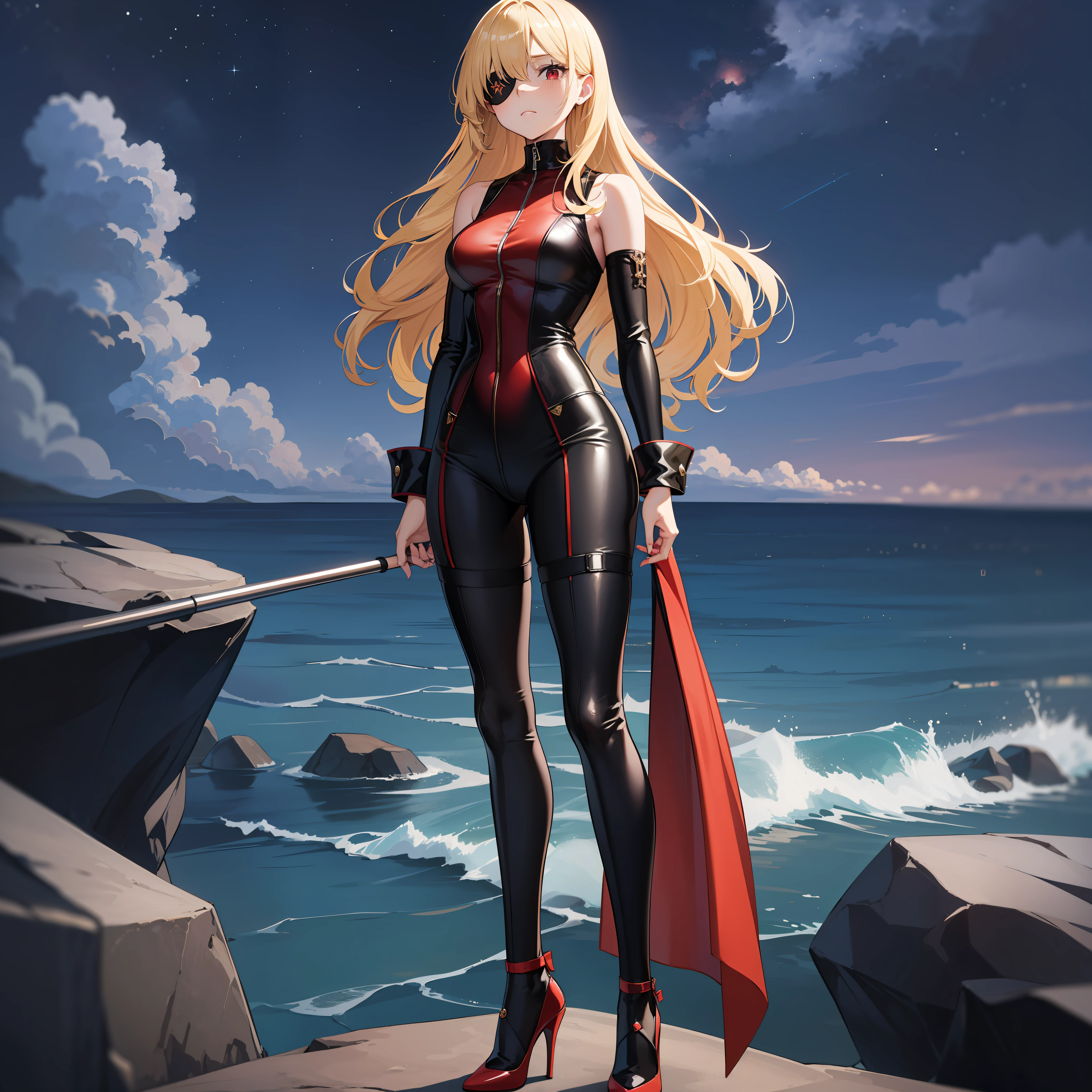 Age 30 years woman, Long blonde hair with pin doll, Wearing left eye patch, wearing a black red white bodysuit, high heels, red eyes, Standing on the rocks facing a small town with 1 tallest tower, sad, best quality, masterpiece, HD, Full Body, beautiful face, Night sky