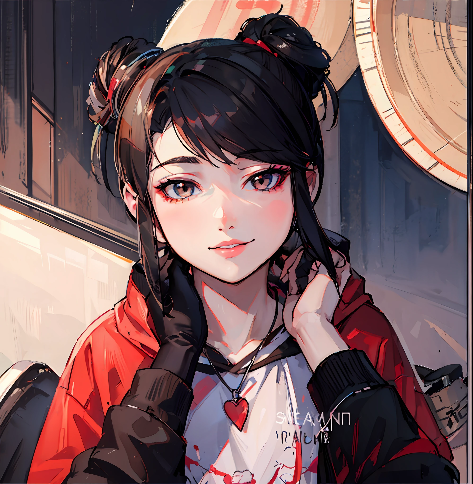 semi-realistic anime style, in an anime style, anime style portrait, urban girl fanart, clean detailed anime style, realistic anime art style, makoto shinkai (apex legends), anime realism style, realistic anime art style, anime style, anime style character, young girl realistic anime, anime style illustration, korean beauty girl smiling, fair skin, black hair, brown eyes,  blue sweatshirt, long hair, colorful illustration, rosy cheeks