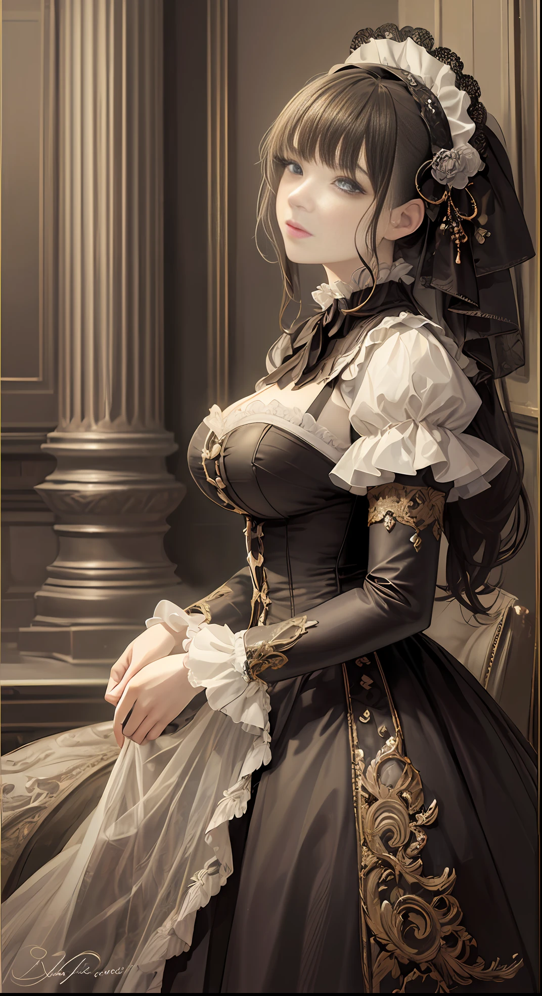 (Pure Color: 0.9), (Color: 1.1), (Masterpiece: 1,2), Best Quality, Masterpiece, High Resolution, Original, Highly Detailed Wallpaper, Beauty, Beauty, Victorian, Dress, Melancholy, Big Breasts, --auto --s2