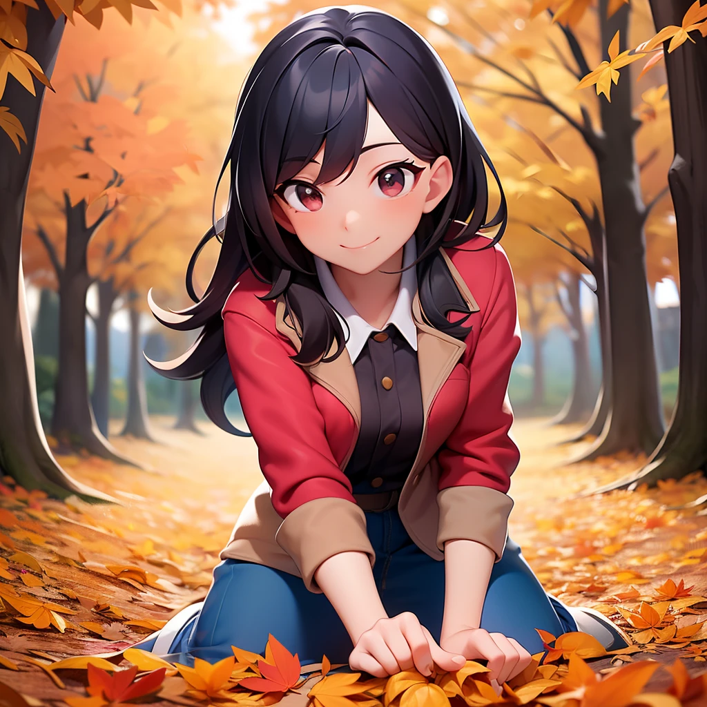 A charming girl is having fun gathering autumn leaves. She is immersed in a landscape filled with trees with colorful leaves, gently falling around her. The girl wears cozy clothes to protect herself from the cool autumn weather, such as a wool blouse and a light jacket. Her hair dances in the wind as she leans over to pick up the golden, orange and red leaves that cover the floor. With skill and care, she gathers the leaves into a mound, creating a crispy, vibrant pile. The sun shines softly, illuminating the colors of autumn and creating a magical atmosphere. The girl smiles as she continues her work, enjoying the simple pleasure of enjoying nature and the wonders of this season.