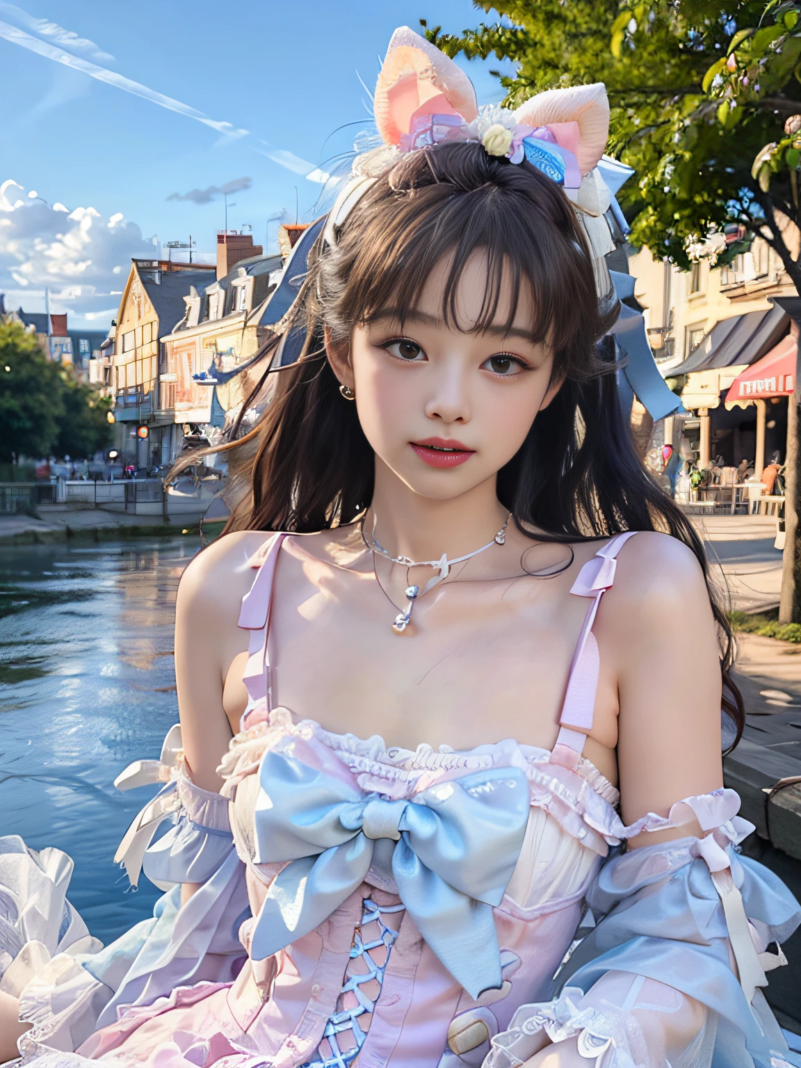 (photorealistic:1.4), official art, unity 8k wallpaper, ultra detailed, beautiful and aesthetic, masterpiece, best quality, glowing skin, dynamic angle, light smile, white dress, amusement park,
sweet_ta:1.3, sweet_loli