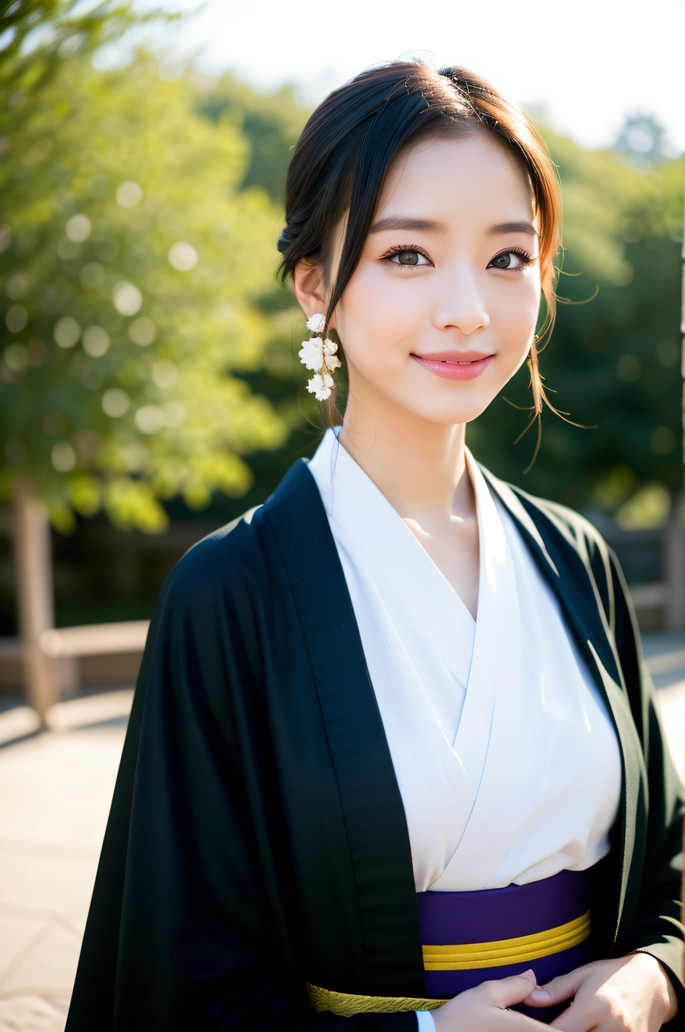((Top Quality, 8K, Masterpiece: 1.3)), Sharp Focus: 1.2, (Super Beautiful Face: 1.0), (Slender Abs Beauty: 1.0), (Shiny Skin: 1.0), Realistic Photography, Black Hair, Realistic Pupils, Video Lighting, High Definition Eyes and Face, Video Lighting, (Cowboy Shot: 1.3), (Kimono, Hakama, Obi: 1.4), (Korean Cute Actress), Traditional Kimono, Happy, Watch the audience, From the front, big