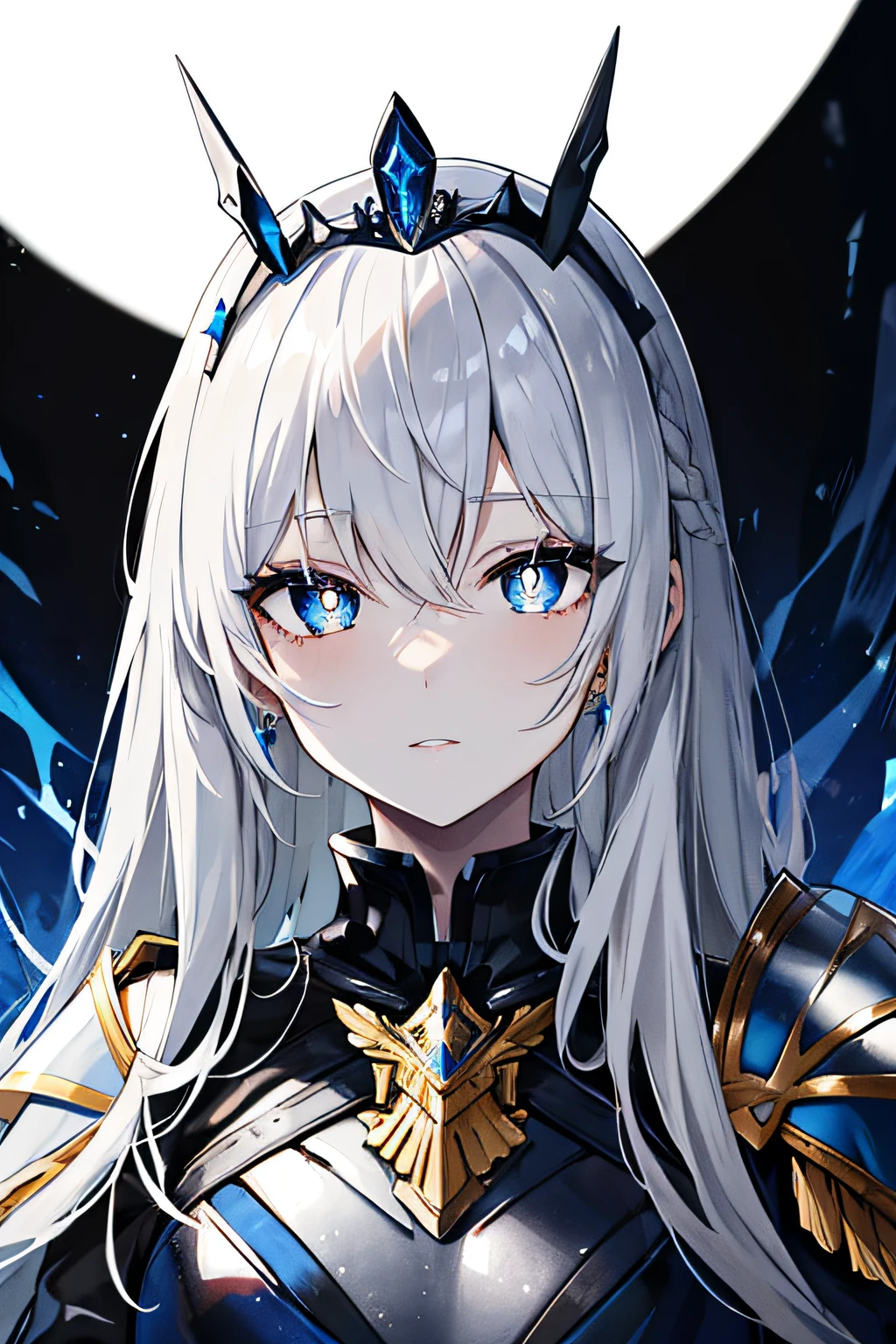 Valkyrie, bright blue long hair, shiny black tiara, shiny black armor, well-defined face, white skin, gray irises, large pupils, Nordic face