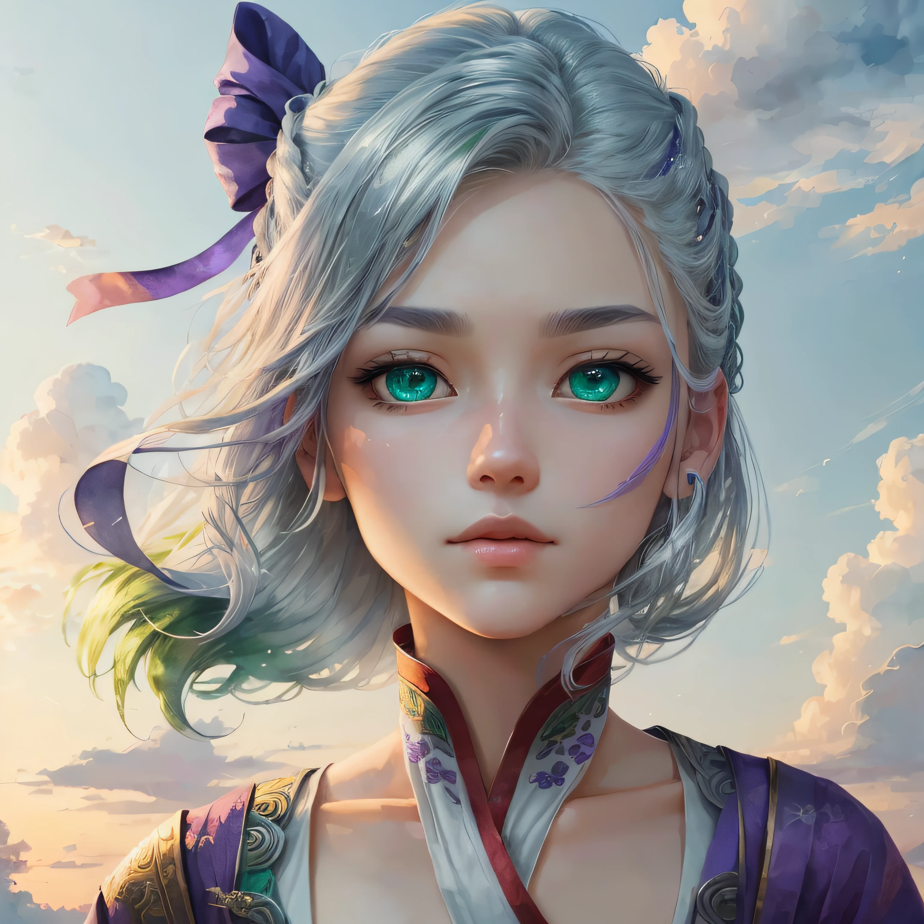 ((masterpiece)),best quality,ultra-detailed CG unity 8k wallpaper,extremely delicate and beautiful, floating,dynamic angle,dynamic pose,1girl,blue eyes+(multicolored_hair+silver hair:1.3+red hair:1.2+purple hair+yellow hair:1.3+green hair:1.3),white wuxia clothes,neck ribbon,beautiful face,cloud,twilight,wide shot,watercolor --auto