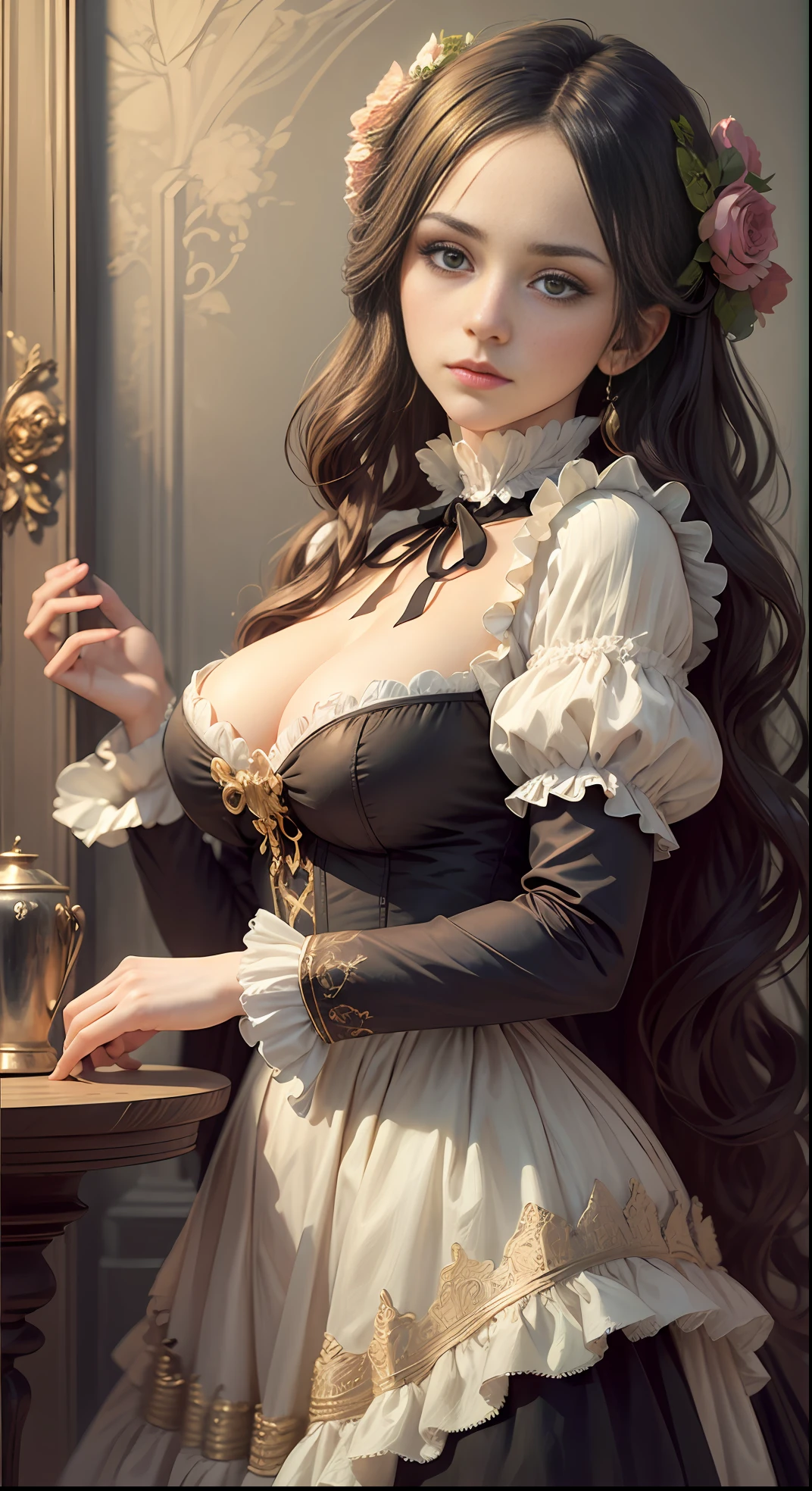 (Pure Color: 0.9), (Color: 1.1), (Masterpiece: 1,2), Best Quality, Masterpiece, High Resolution, Original, Highly Detailed Wallpaper, Beauty, Beauty, Victorian, Dress, Melancholy, Big Breasts, --auto --s2