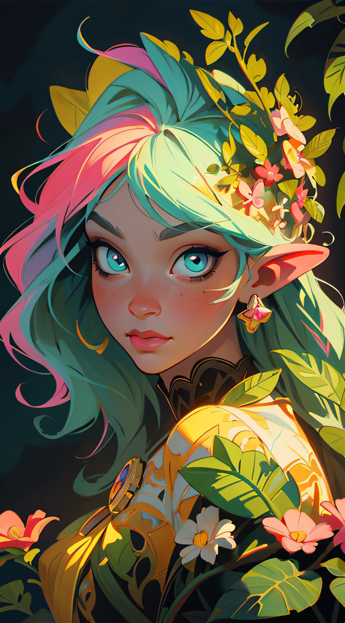 Symmetry, Finely Detailed Elaborate Ornate Forest Sprite with Elaborately Detailed Colorful Eyes by Lisa Frank, jeff koons, Orange and Pink, and Yellow and Teal, pretty face, intricate, elegant, highly detailed, digital painting, art station, concept art, smooth, sharp focus, illustration, art by art germ and greg rutkowski and alphonse mucha, 8k