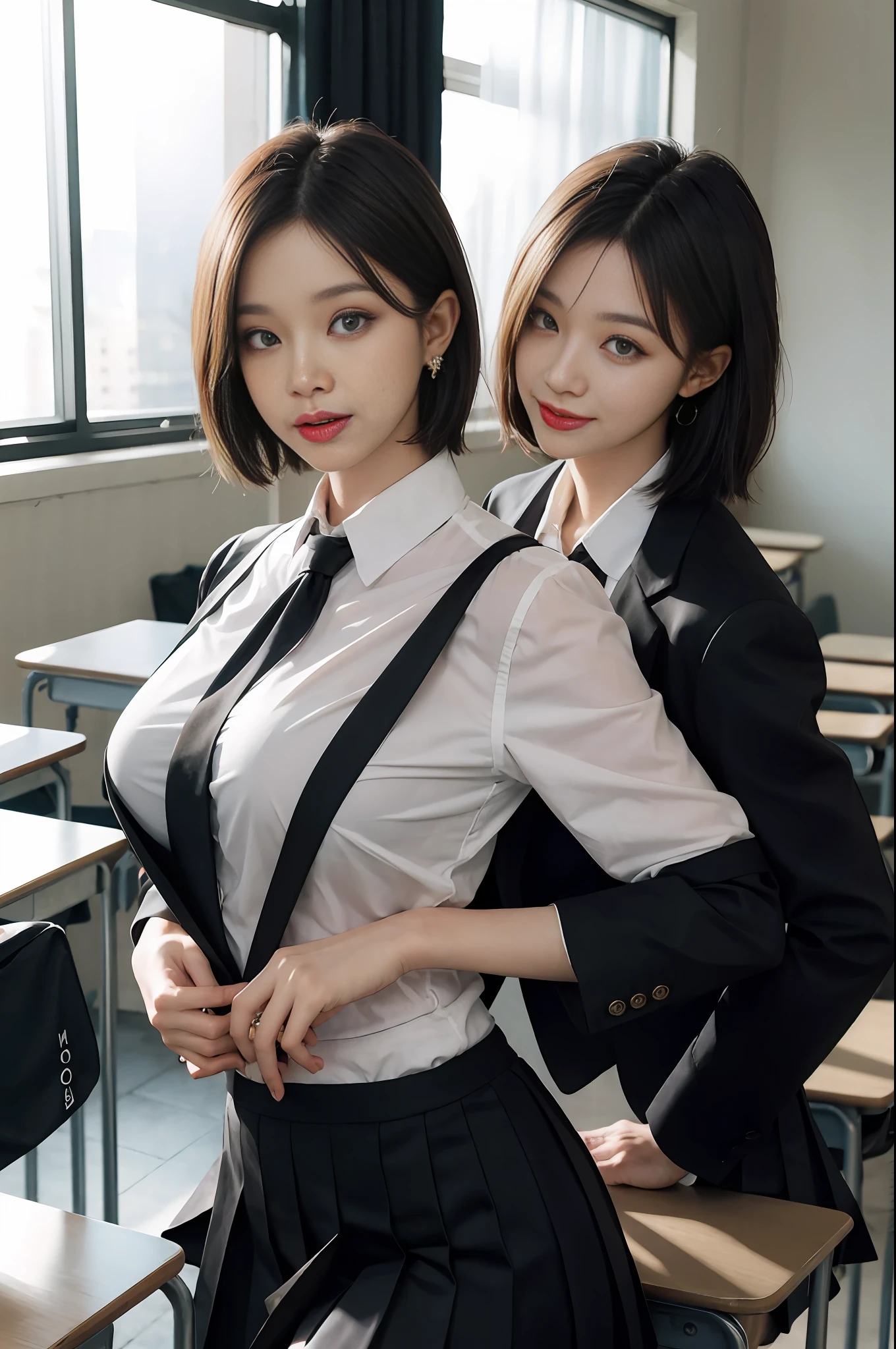 8K RAW photo, high resolution, 21 year old cool Korean, big round breasts, school uniform, tie, tie ribbon, blazer, skirt, beautiful eyes in detail, long eyelashes, beautiful double eyelids, eye shadow, slit eyes, sanpaku eyes, dark eye makeup, evil smile, beautiful thin legs, short hair gathered at the back, earrings, school classroom
