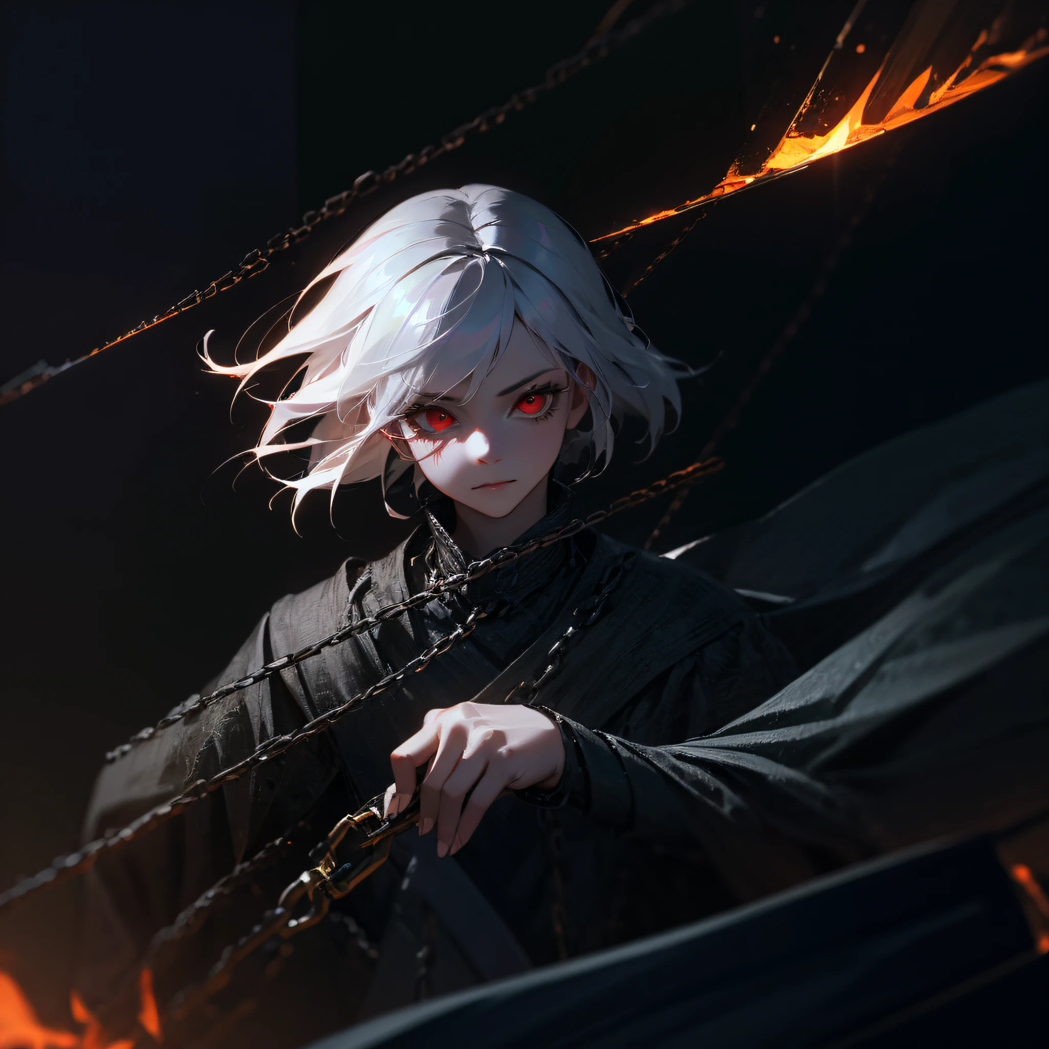 Woman with white hair and bright red eye tied by chains of fire, background full of chains and cages, full HD, 4k, 8k, 16k, high resolution, high-definition, super detailed, super realistic, --auto