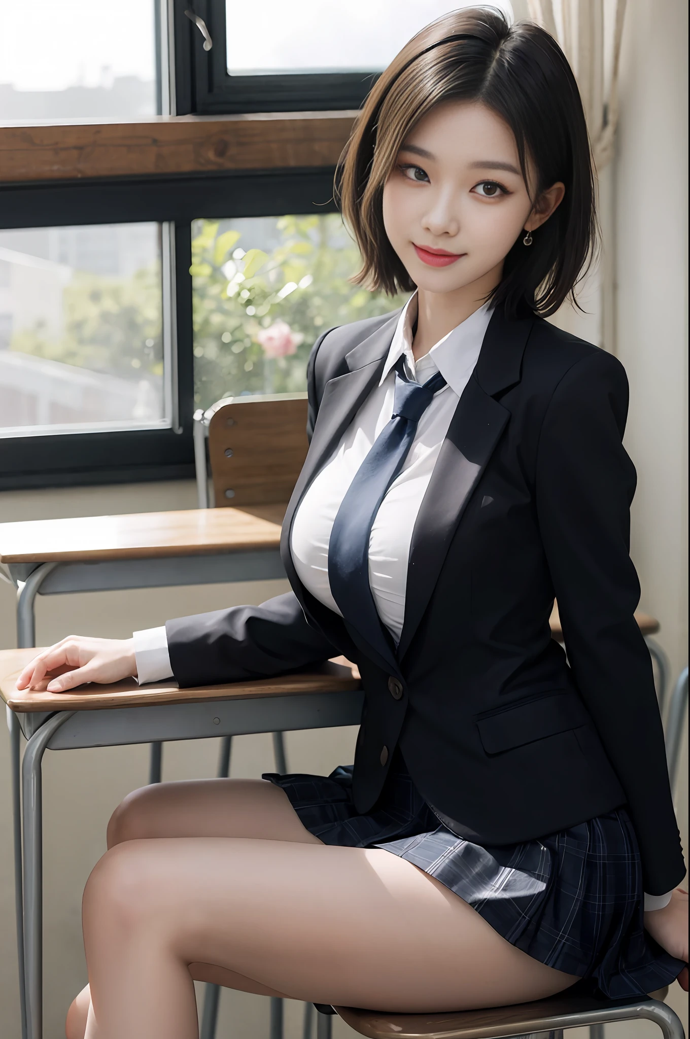 8K RAW photo, high resolution, 21 year old cool Korean, big round breasts, school uniform, tie, tie ribbon, blazer, skirt, beautiful eyes in detail, long eyelashes, beautiful double eyelids, eye shadow, slit eyes, sanpaku eyes, dark eye makeup, evil smile, beautiful thin legs, short hair gathered at the back, earrings, school classroom