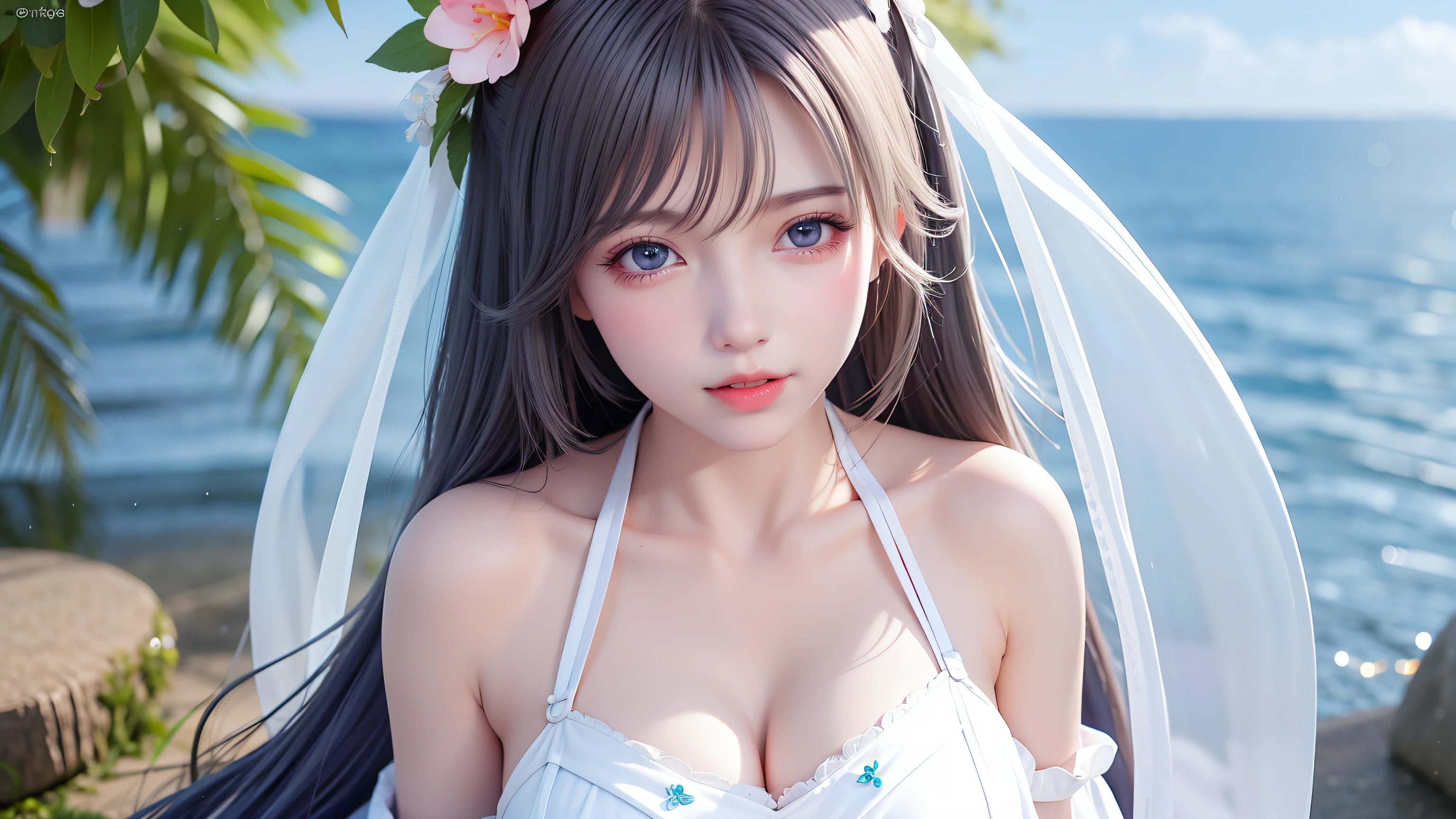 (8k, RAW photos: 1.2), top quality, ultra high resolution, ((from head to waist, cleavage coordination)), (pink petals fluttering)), (illustration), (1 girl)))), (short hair bob), (transparent white sheer lace dress)), (silver hair, blue eyes) beautiful face, (bright lip gloss, long eyelashes, smooth) face, bright skin, natural shadows, wide light, Wide Light, Depth of Field, Strong Color, Subtle Caustics: 0.8), Smile, (Rain: 0.9), ((Behind the Girl is Hanazono)), (Focus), (Sit on the Surface of the Water)), (Color Splash), Colorful Splash, (Colorful), (Sketch: 0.8), Masterpiece, Best Quality, Beautifully Painted, Highly Detailed, (Denoise: 0.6), Splash Ink, (( Ink refraction)), (beautiful detailed sky), highly detailed, (masterpiece, best quality, highly detailed) CG Unity 8k wallpaper, masterpiece, top quality, super detail), Alaryn in a white dress, wet swimsuit, sexy dress, sexy body, smooth translucent white skin, blonde goddess, translucent body, Alexa Grace, (wearing an opaque wet white short dress)), Sexy girl, sexy hot body, elegant sleek smooth body, dressed in beautiful white, close shot,