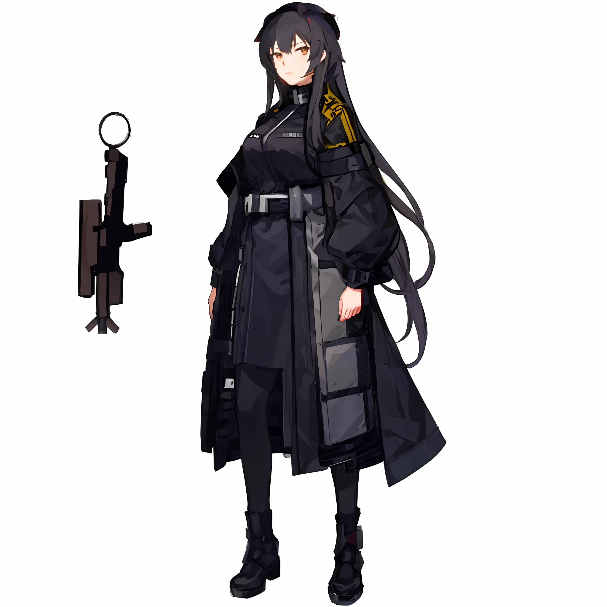 A woman standing next to a white background in a black coat and gun, Girl Frontline style, Official character art, From Girl Front, Kantai series style, ((character concept art)), female anime character, best anime character design, full body character design, girl front universe, inspired by Michinari Kono, without hats