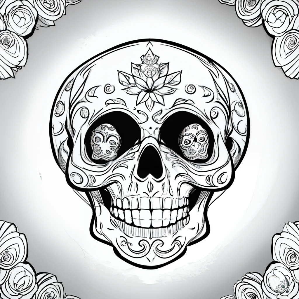 Masterpiece, best quality, (detailed background), high contrast, decorated sugar skull, flower background, thick and clean line drawings
