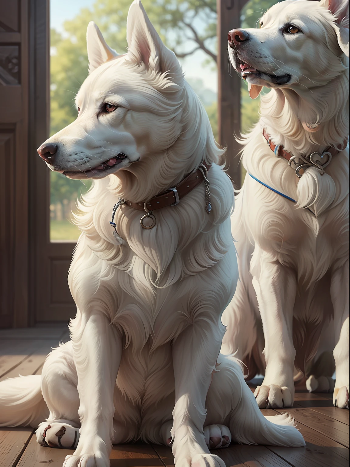 masterpiece, Highly detailed, super realistic,detailed background,
(large white dogs sitting side by side), (sideways), (from side:1.5),