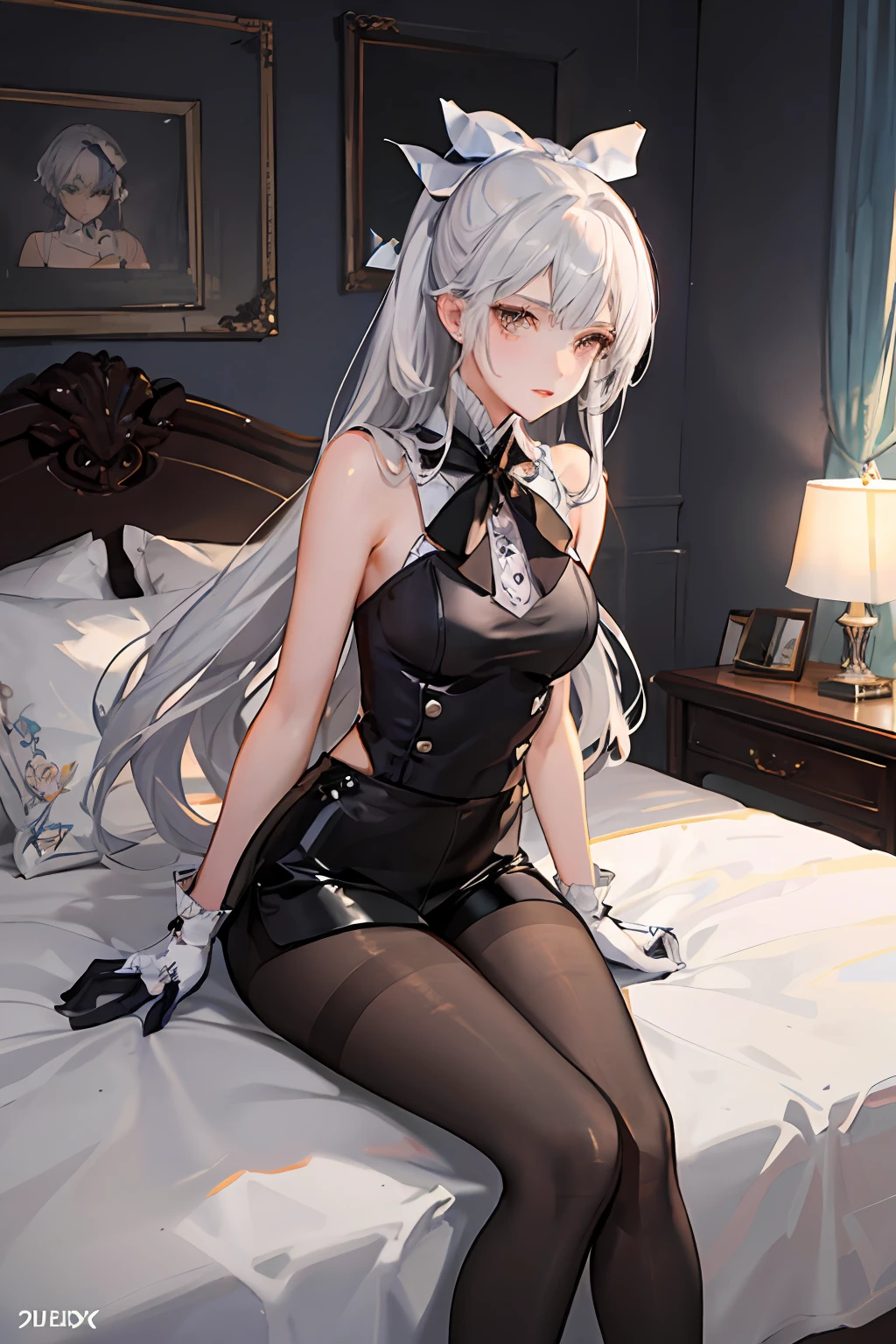 (((1 girl)),ray tracing,(dim lighting),[detailed background (bedroom)),((silver hair)),((silver hair)),(Fluffy silver hair, plump slender girl)) with high ponytail)))) Avoid blonde eyes in the ominous bedroom ((((Girl wears intricately embroidered black high-waisted pants with pantyhose) and white ruffled bow gloves), showing a delicate slim figure and graceful curves, correct limbs, sitting on the bed