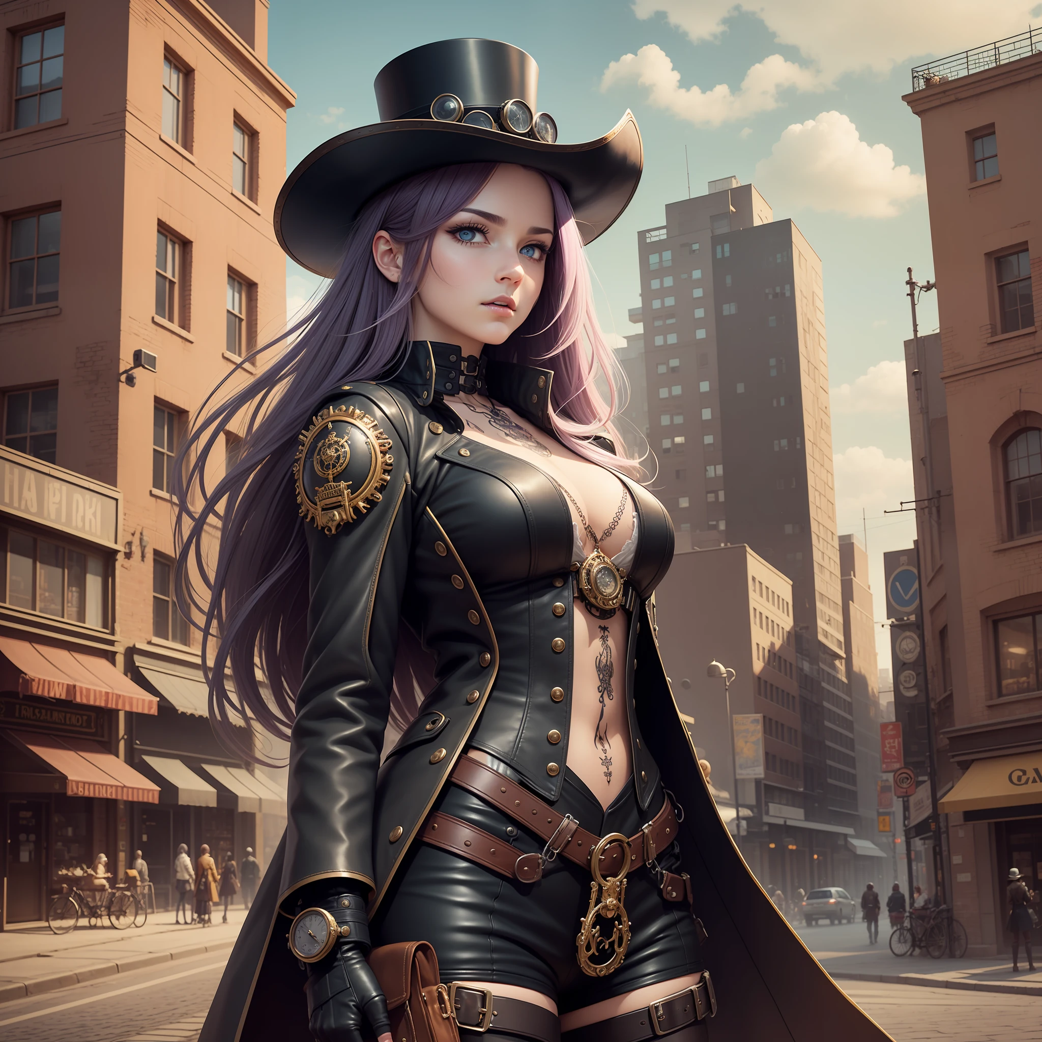 (intricate details), 30 years old, very long hair, purple hair, straight hair, perfect face, sharp eyes, gray eyes, slender face, makeup: 1.5, face detail, 4K, realistic, charismatic, very detailed, steampunk, there are girls all over the city, steampunk world industrial background city theme, slender figure, boyish body shape, small pretty breasts, tatu on left cheek, tattoo on the nape of the neck, tattoo on thigh, top hat, black leather tailored jacket, white blouse, brown leather bustier, black leather gloves, wearing black leather short pants, full body, wearing black leather long boots, wearing a black cloak, holding a flintlock pistol in right hand, scary face, um home d'tetive, conceptual art, realism, godley, motion picture lighting, multiview, Canon, UHD, high-detail, high-quality, HD, 16k