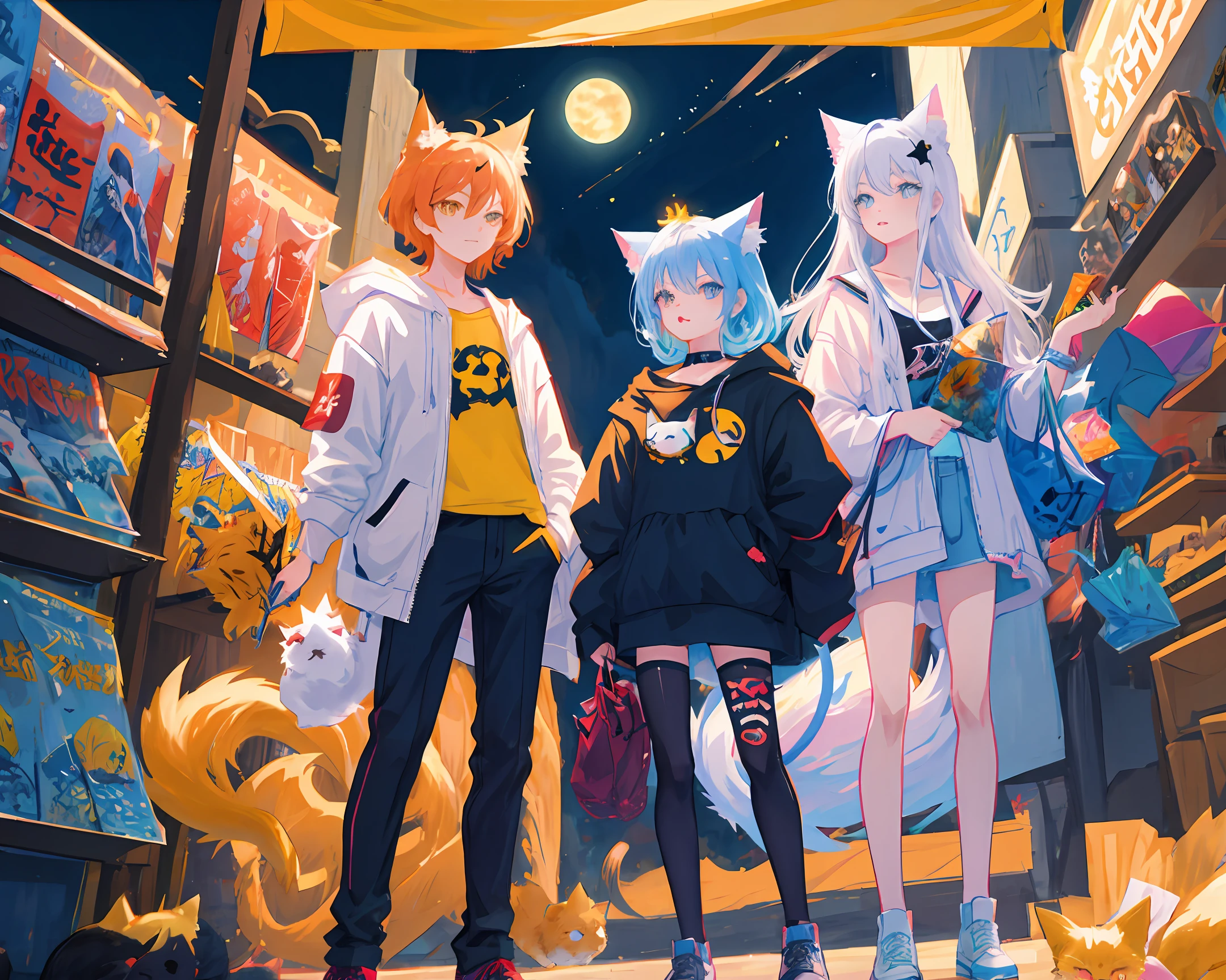 a group of anime characters standing next to each other, cat theme banner, cat cat dreamcats, fantasy sticker illustration, cats cat dreamcats, promotion artwork, fantasy fox love, summer festival night, inspired gacha club game, cute!! chibi!!! catgirl, cute illustration, night starry sky full of cats, promotional art, comic book arzach style