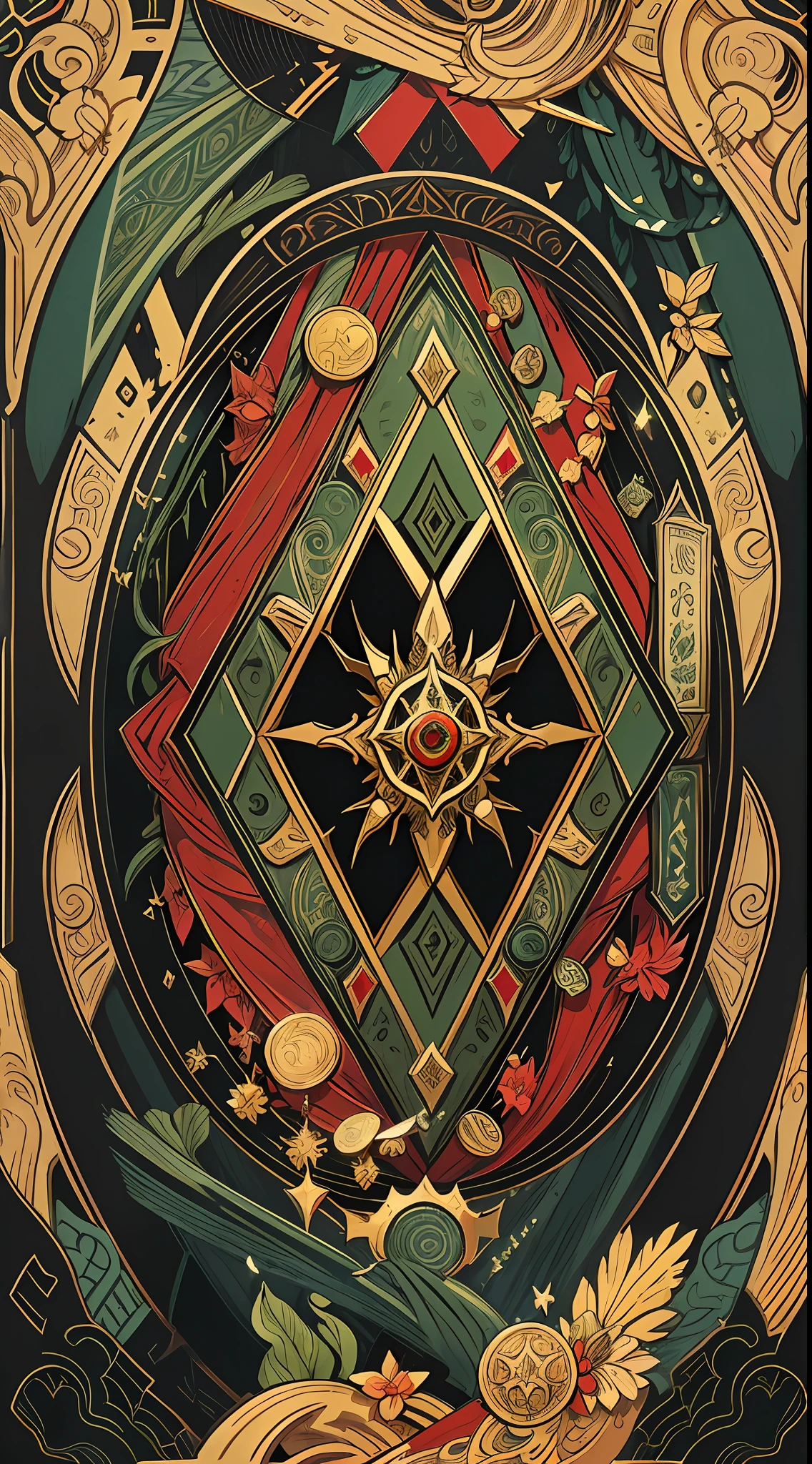 official art, 8k unit wallpaper, ultra detailed, beautiful and aesthetic, high quality, beautiful, masterpiece, best quality (zentangle, mandala, tangled: 0.6), symmetrical, mandala with Loki symbols, Trickery domain, (mask: 1.0), symbolizing daggers, shadows, mists, gold coins, thievery, symmetrical, fibonacci. (Complementary color: black, green, red), iconographic genshin impact