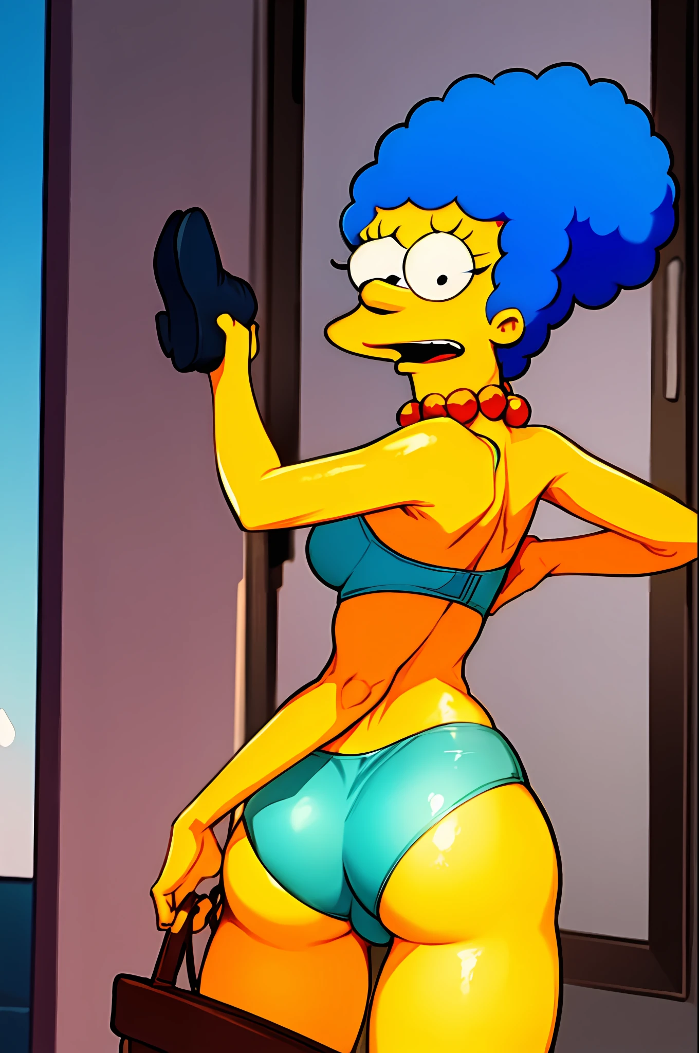 marge simpson, blue hair, afro, red necklace, medium breasts, colored skin, yellow skin, ass, ass focus, ass grab, skindentation