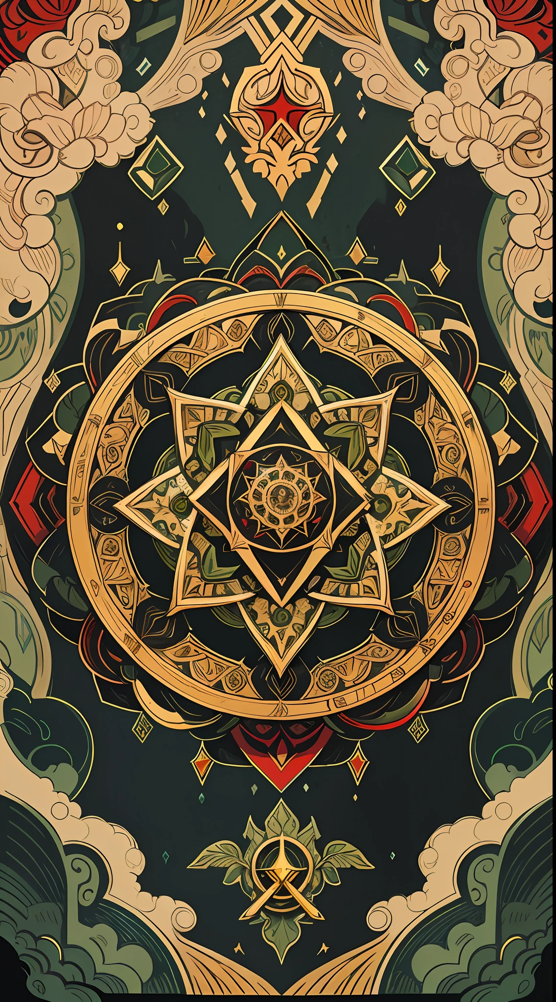 official art, 8k unit wallpaper, ultra detailed, beautiful and aesthetic, high quality, beautiful, masterpiece, best quality (zentangle, mandala, tangled: 0.6), symmetrical, mandala with Loki symbols, Trickery domain, (mask: 1.0), symbolizing daggers, shadows, mists, gold coins, thievery, symmetrical, fibonacci. (Complementary color: black, green, red), iconographic genshin impact