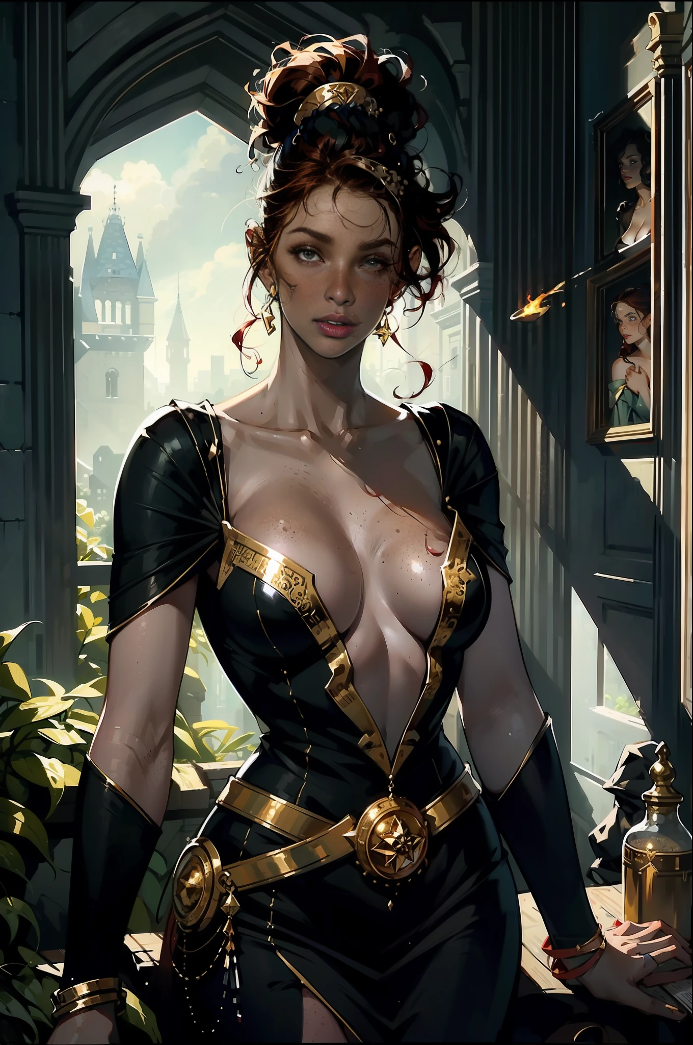 (masterpiece, best_quality, ultra-detailed, immaculate:1.3), epic, illustration, welcoming, 1girl, witch, dark red hair, Tapered Cut, casting spell, in an overgrown classroom, in a  castle, bombshell hair, swept bangs, High Ponytail, goddess, gold, freckles, pale skin, casting a spell from her chest